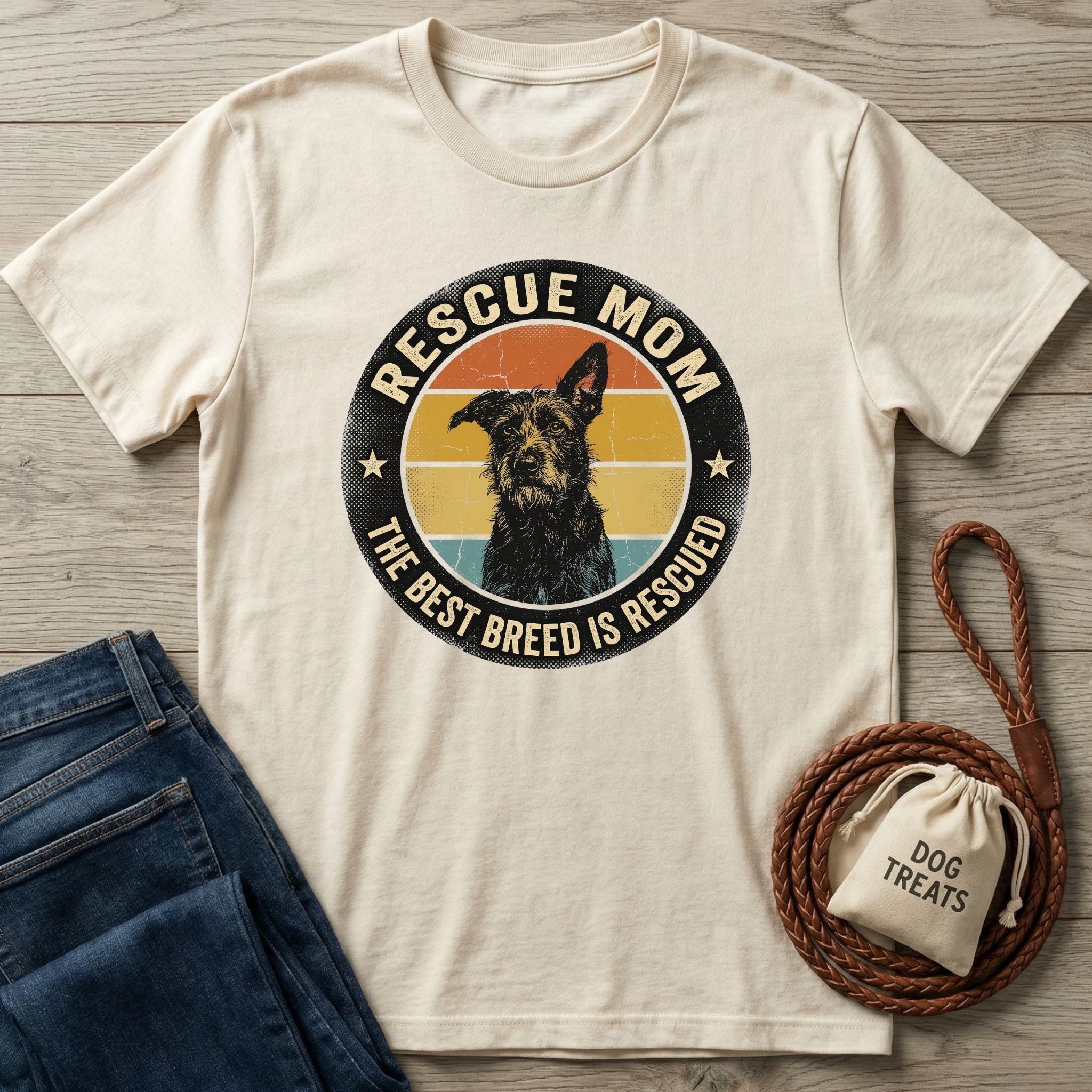 Cream Gildan Softstyle® "Rescue Mom" t-shirt with a black dog graphic, next to jeans and dog treats.