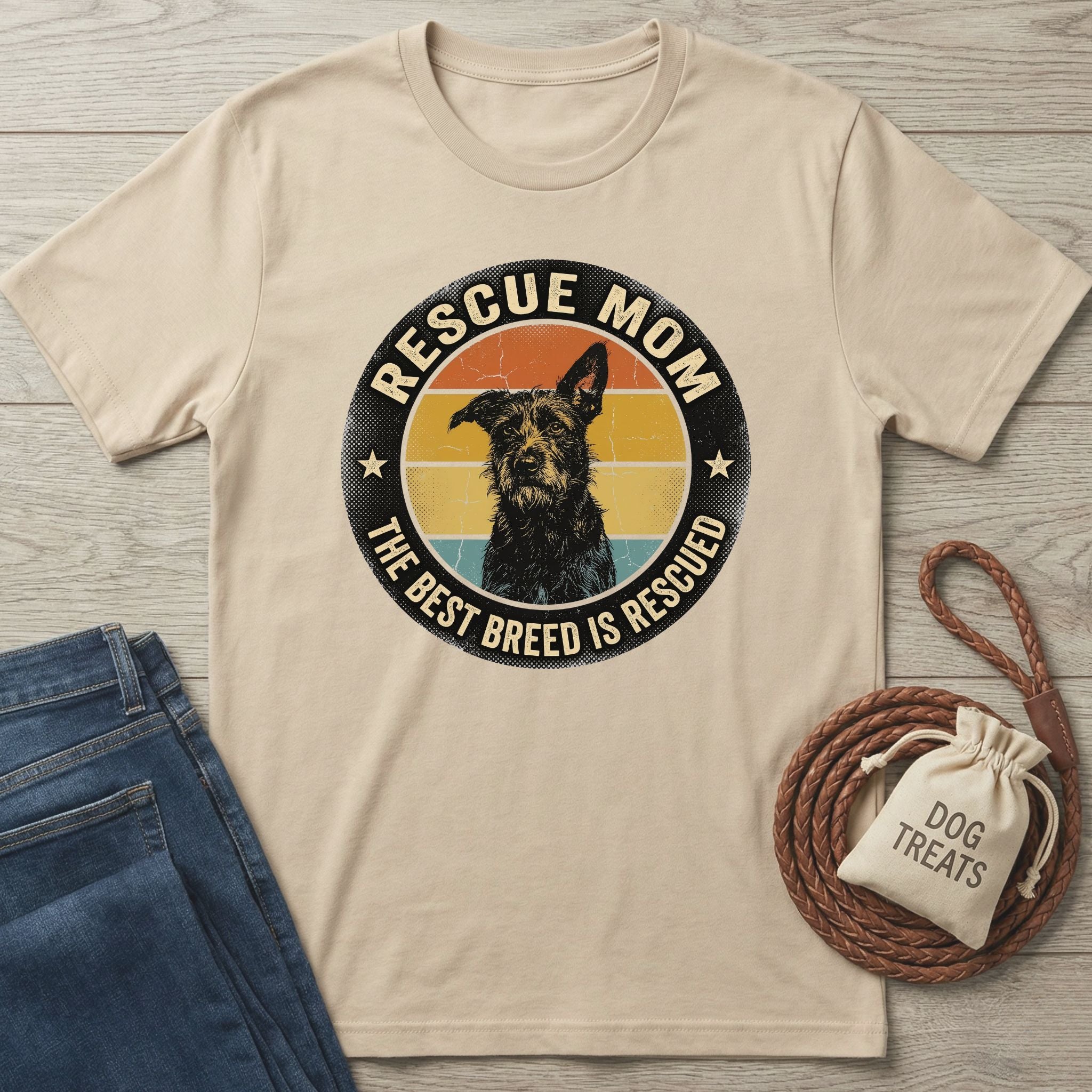 Rescue Mom T-shirt in natural with a black dog graphic and "The Best Breed Is Rescued" text.