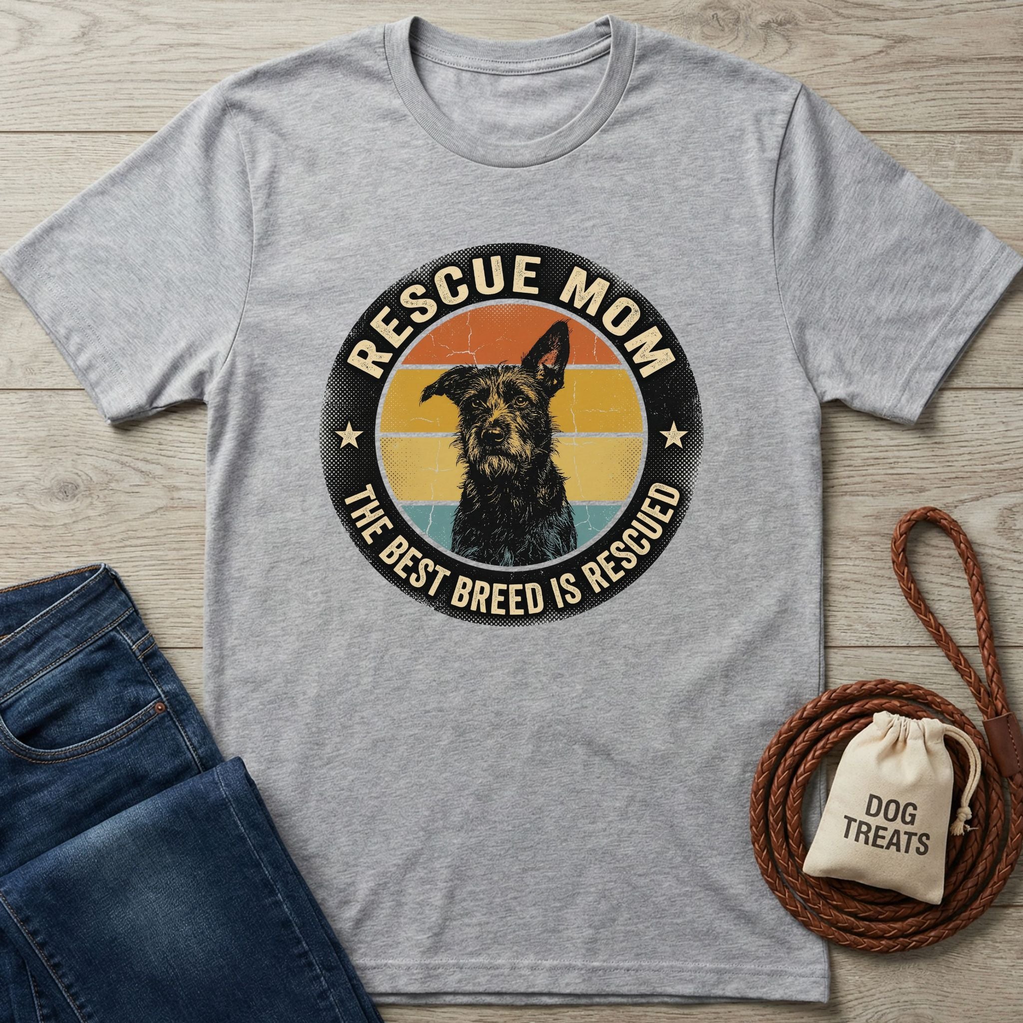 Light grey Gildan Softstyle® "Rescue Mom" t-shirt with a vintage dog graphic, next to jeans and dog treats.