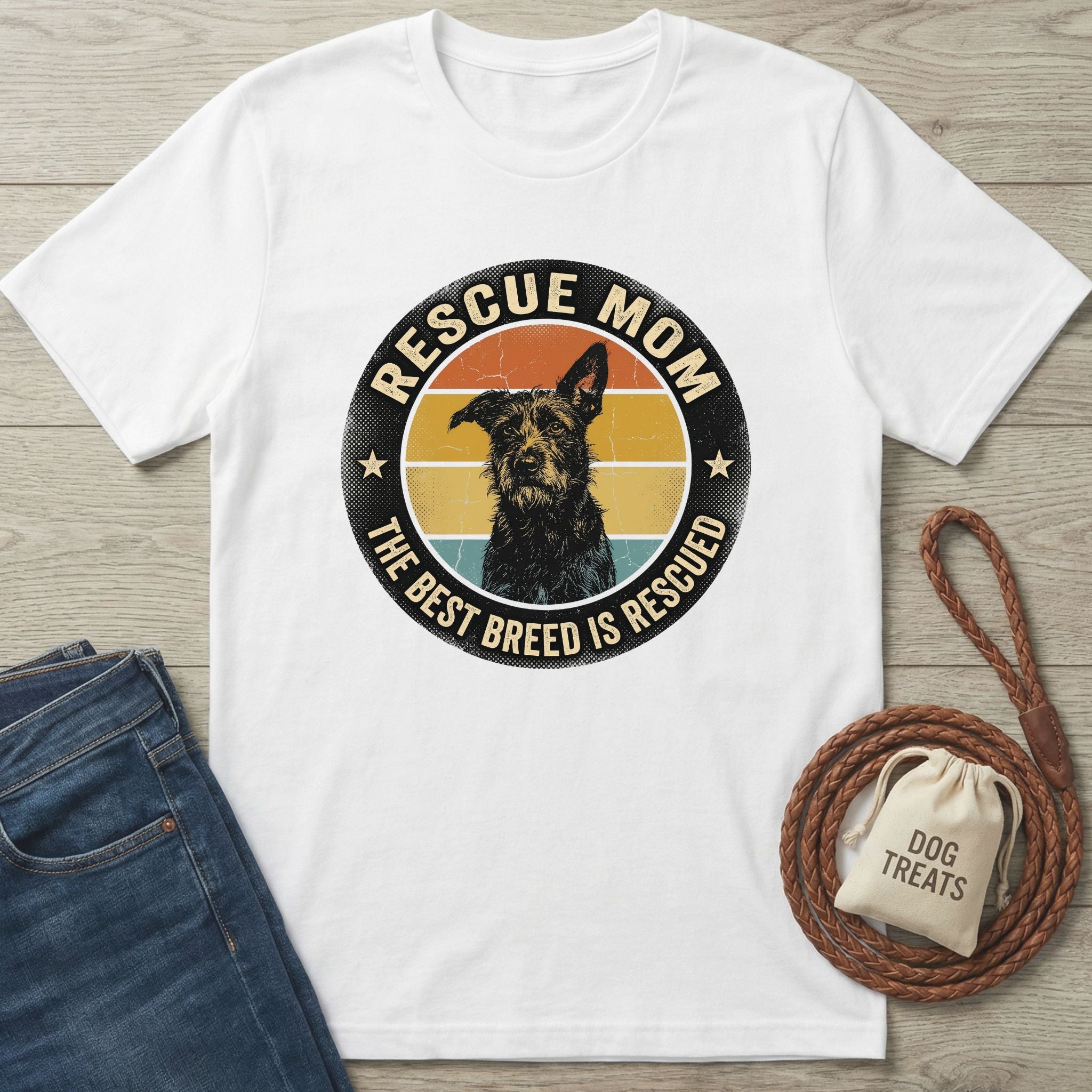 White Gildan Softstyle® 64000 "Rescue Mom" t-shirt with a vintage dog graphic and blue jeans.