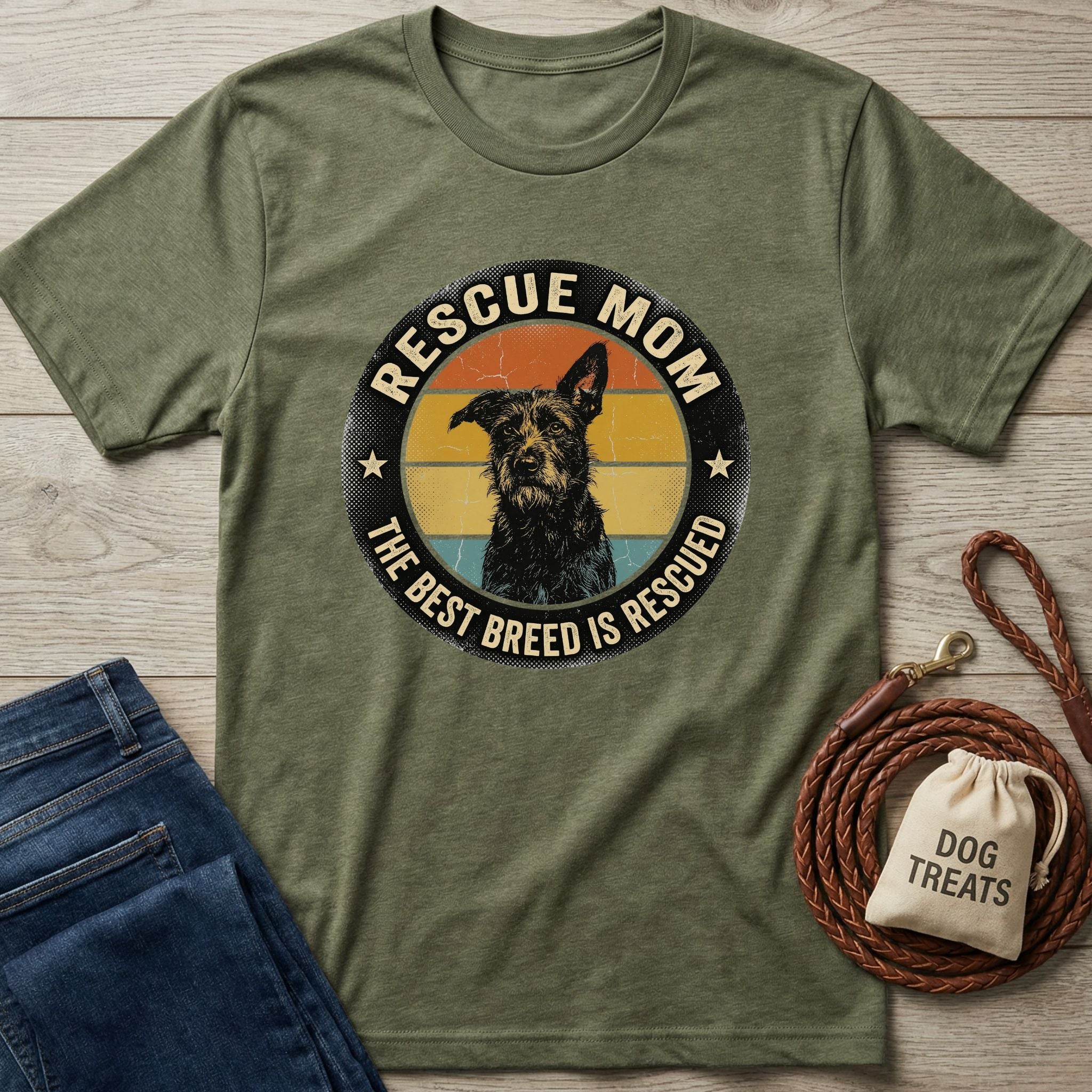 Olive green "Rescue Mom" t-shirt with a vintage dog graphic, paired with jeans and a dog leash.