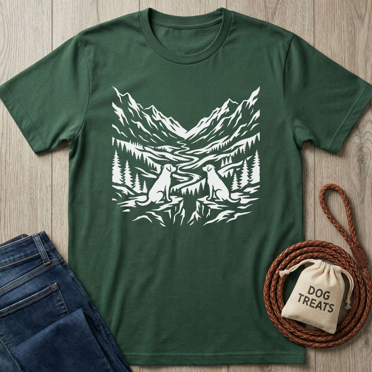 Forest green Rescue Ridge T-shirt with white mountain, forest, and two dog design.
