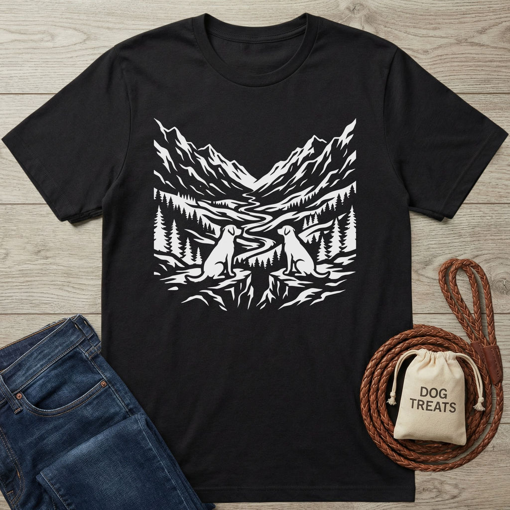 Black Gildan Softstyle® 64000 t-shirt with white mountain, forest, and two dog design; next to jeans and dog treats.