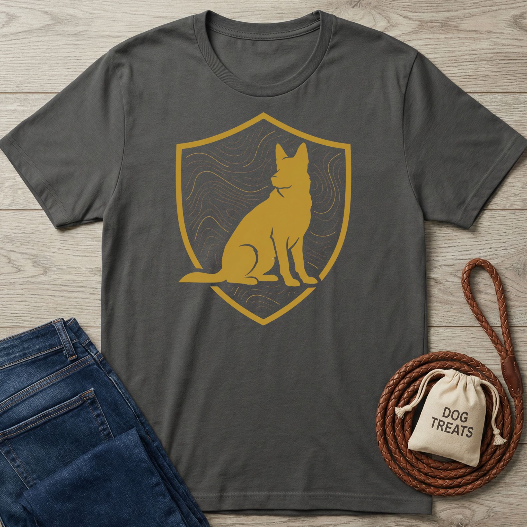 Charcoal gray Rescue Shield T-shirt with a gold canine silhouette in a shield emblem.
