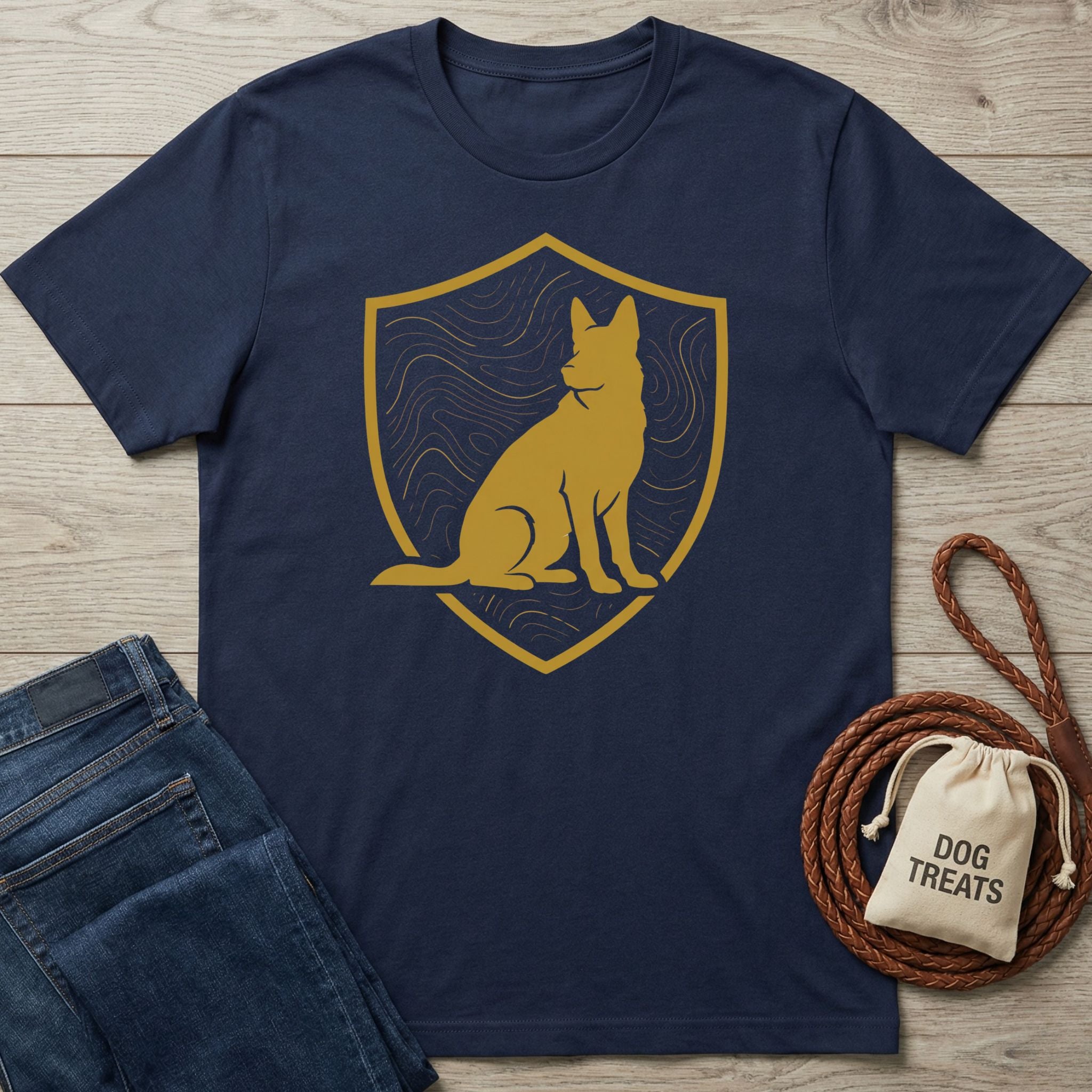 Navy blue t-shirt with a gold shield emblem featuring a sitting canine silhouette and wavy lines.