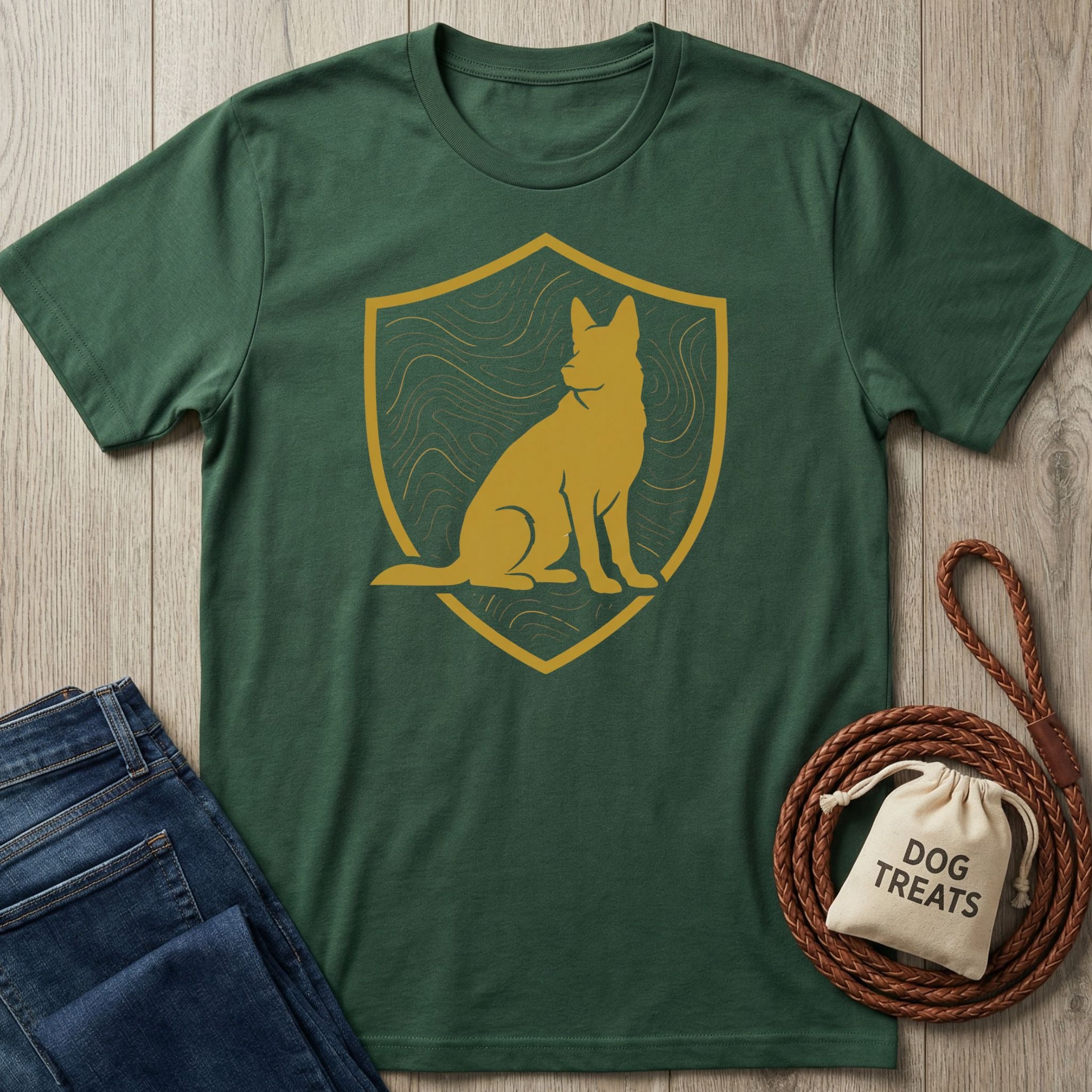 Forest green Rescue Shield T-shirt with a gold canine silhouette in a shield emblem.