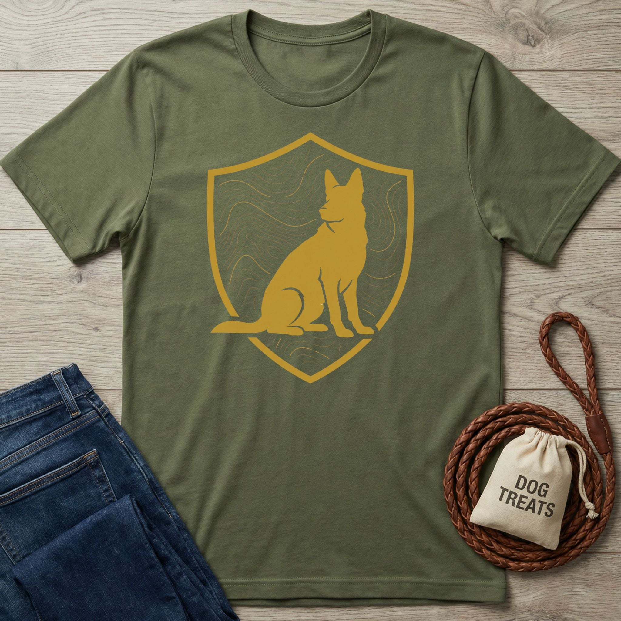 Olive green cotton t-shirt with a gold shield emblem featuring a sitting canine silhouette.