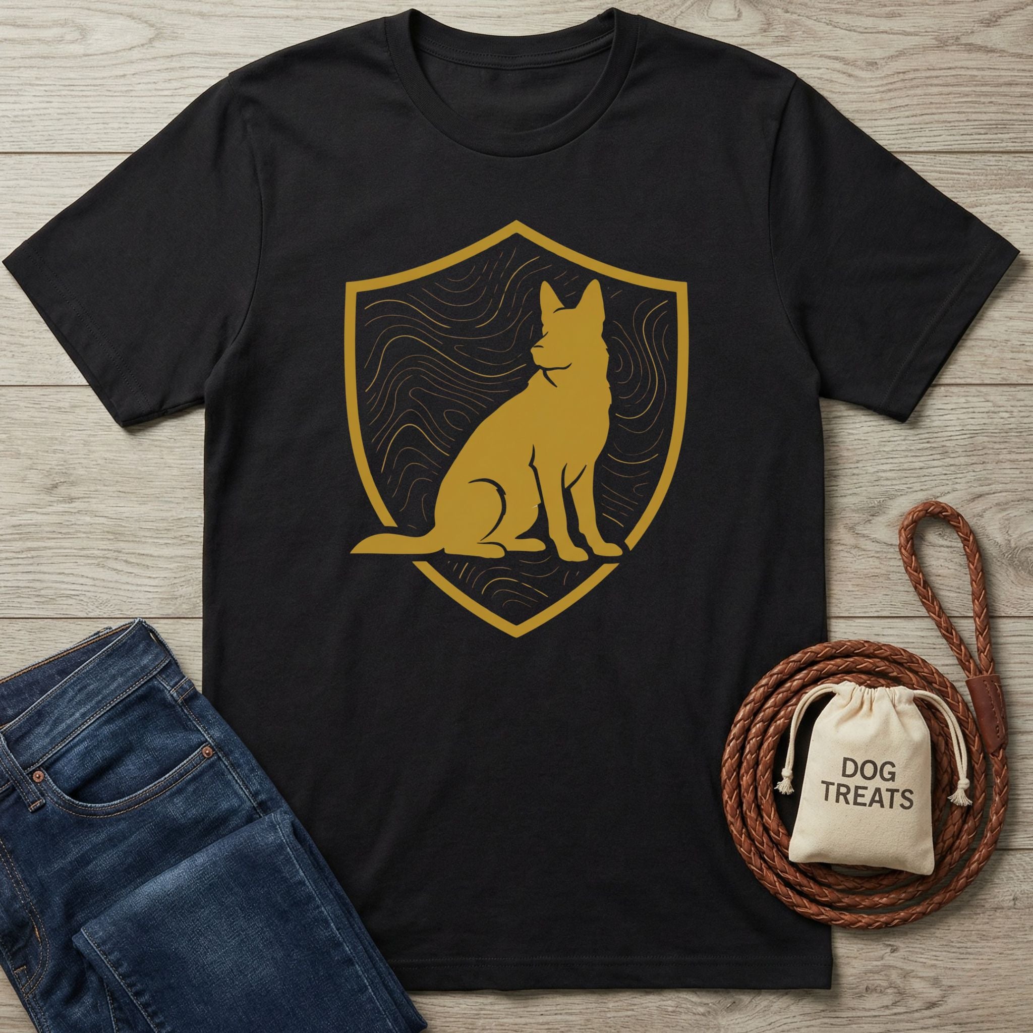 Black t-shirt with a gold shield emblem featuring a sitting canine silhouette and topographic lines.