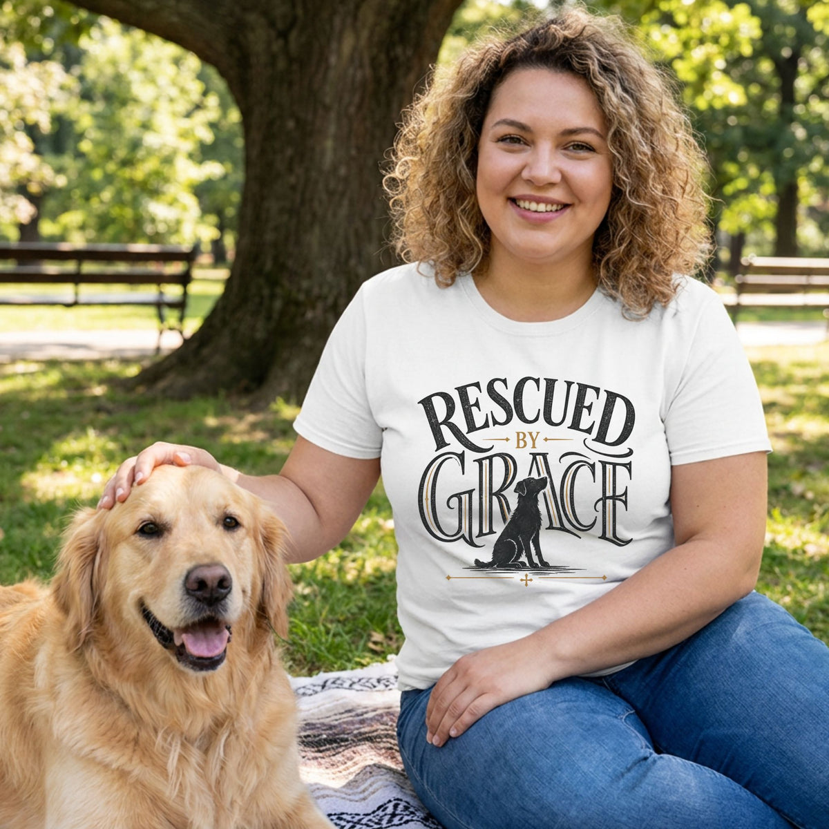 Woman wearing a white Rescued By Grace graphic t-shirt while petting a golden retriever in a park.