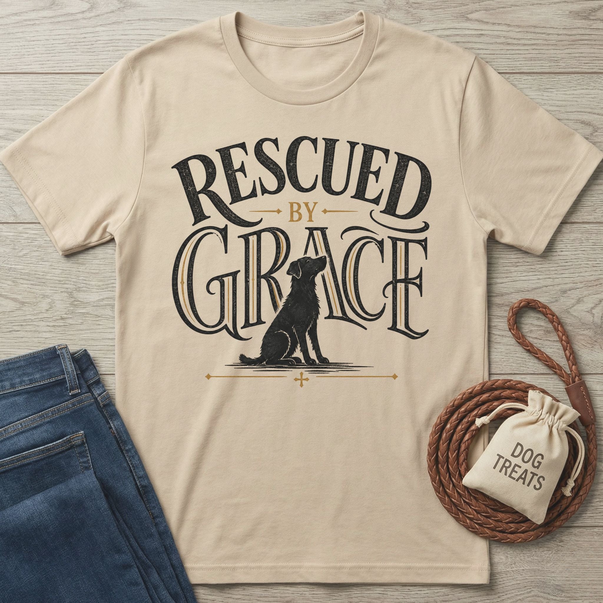 Beige crewneck t-shirt featuring a black dog illustration and Rescued By Grace typography in vintage-style black lettering.