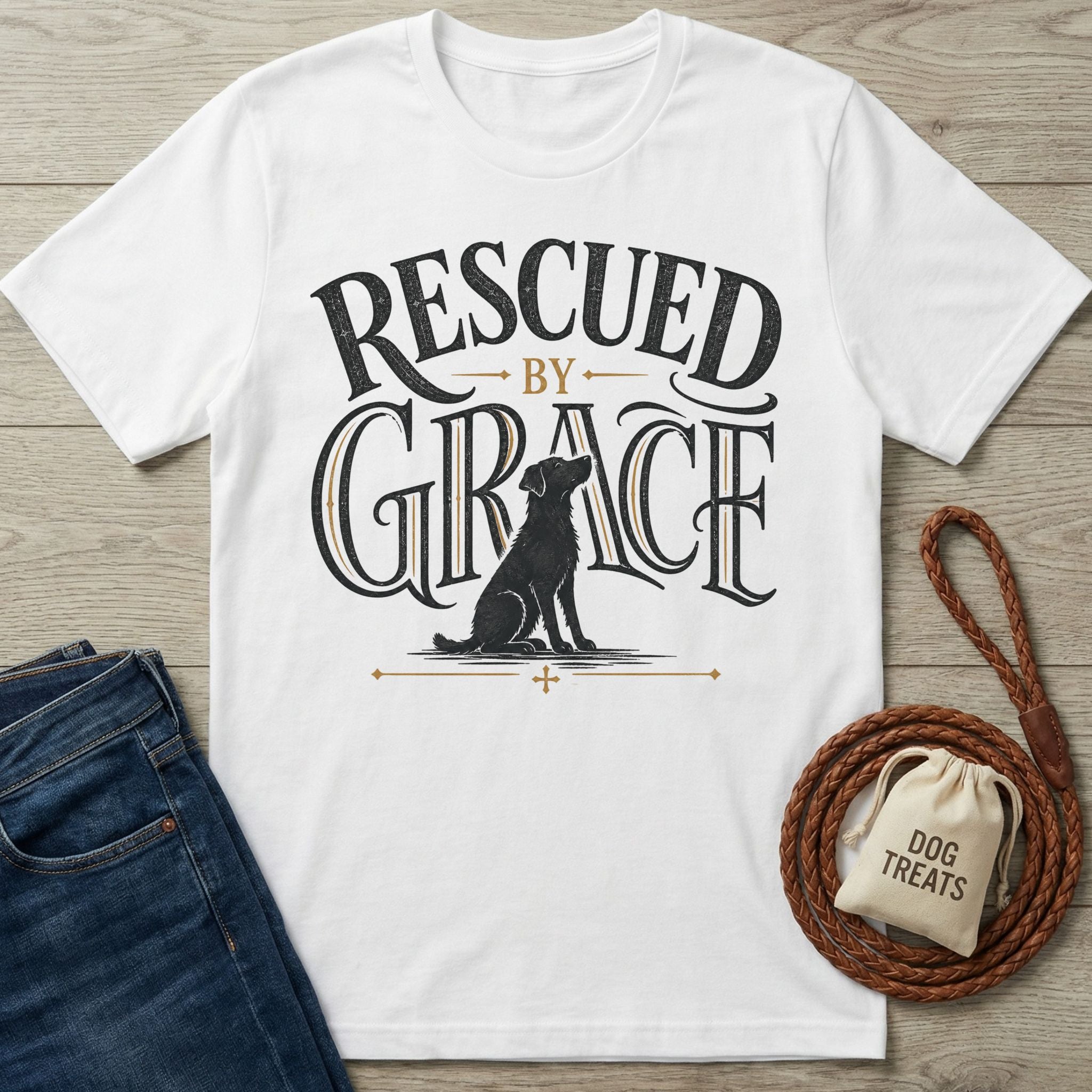White crewneck t-shirt featuring a black dog illustration and Rescued By Grace typography in black and gold.