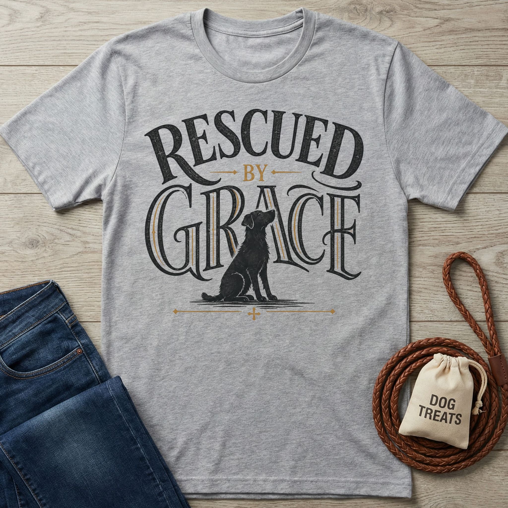 Grey crewneck t-shirt featuring a black dog illustration and Rescued By Grace typography on a wooden background.