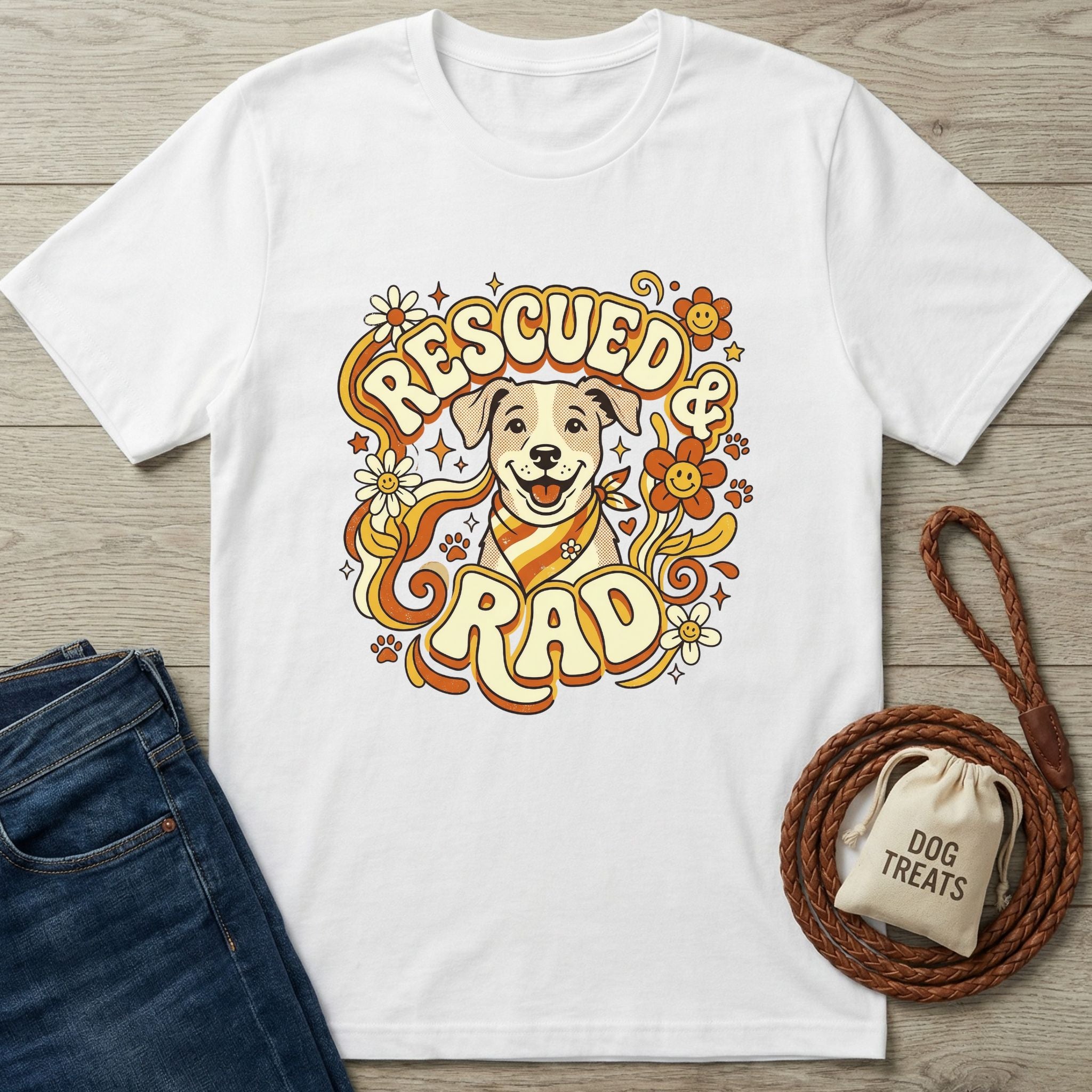 White "Rescued & Rad" t-shirt with a smiling dog, groovy text, and floral design, next to jeans and dog treats.