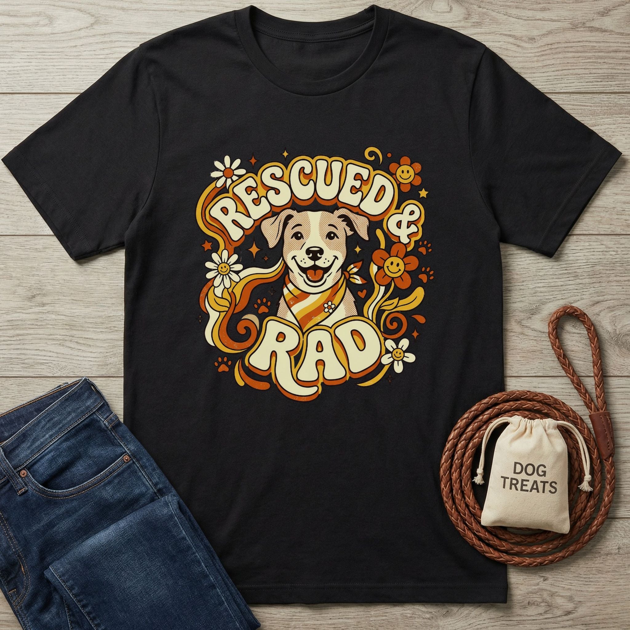 Black "Rescued & Rad" t-shirt with a smiling dog, flowers, and retro lettering, next to jeans and dog treats.