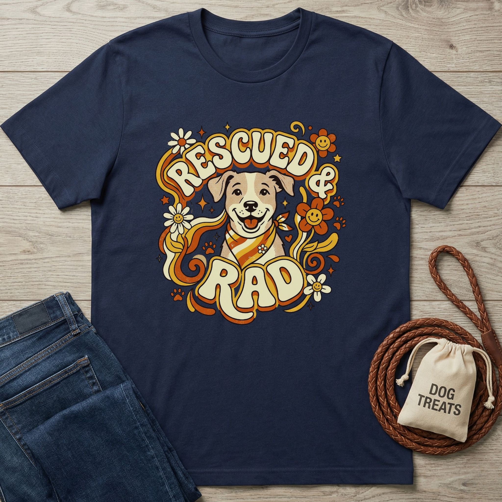 Navy blue "Rescued & Rad" t-shirt with a smiling dog, flowers, and retro lettering, next to jeans and dog treats.