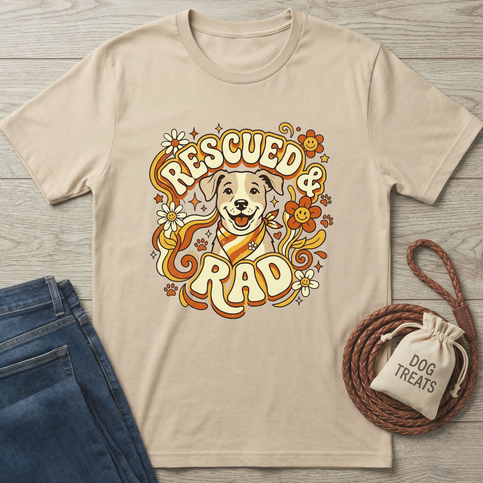 Beige "Rescued & Rad" t-shirt with a smiling dog wearing a bandana, surrounded by flowers and groovy text.