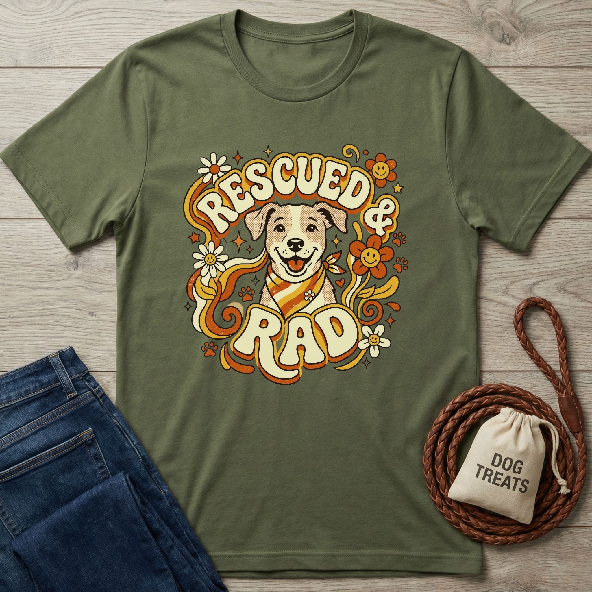 Olive green "Rescued & Rad" t-shirt with a smiling dog, flowers, and retro lettering, next to jeans and dog treats.