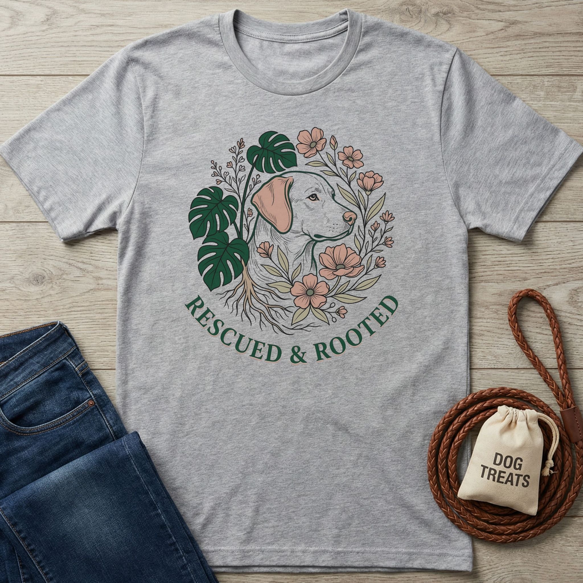 Light grey Gildan Softstyle® t-shirt with "Rescued & Rooted" text and a dog surrounded by plants design.
