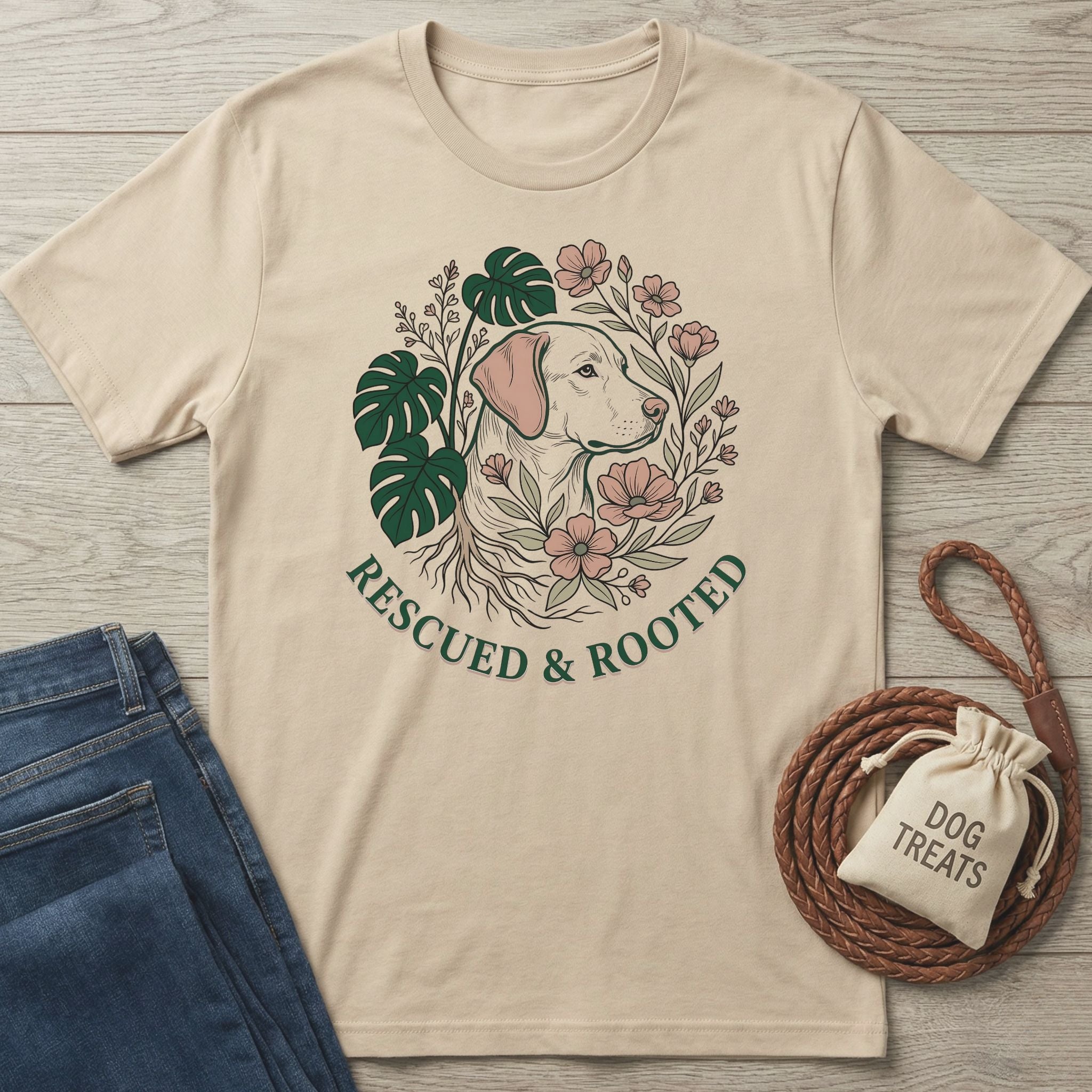 Beige "Rescued & Rooted" Gildan Softstyle® t-shirt with a dog, monstera leaves, and flowers.