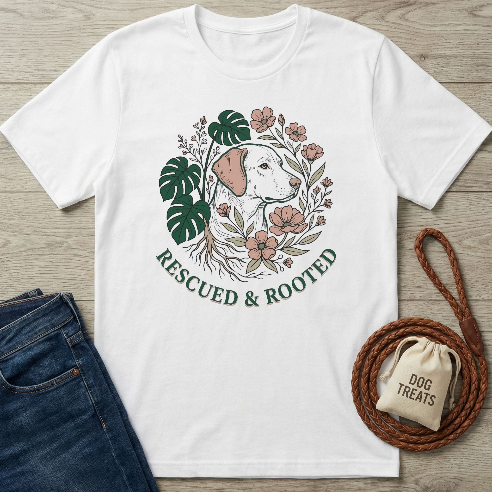 White Gildan Softstyle® t-shirt with "Rescued & Rooted" dog and floral graphic.