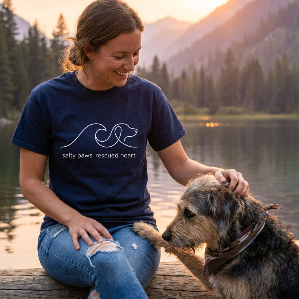 Woman in navy Salty Paws Rescued Heart t-shirt petting a dog by a lake at sunset.