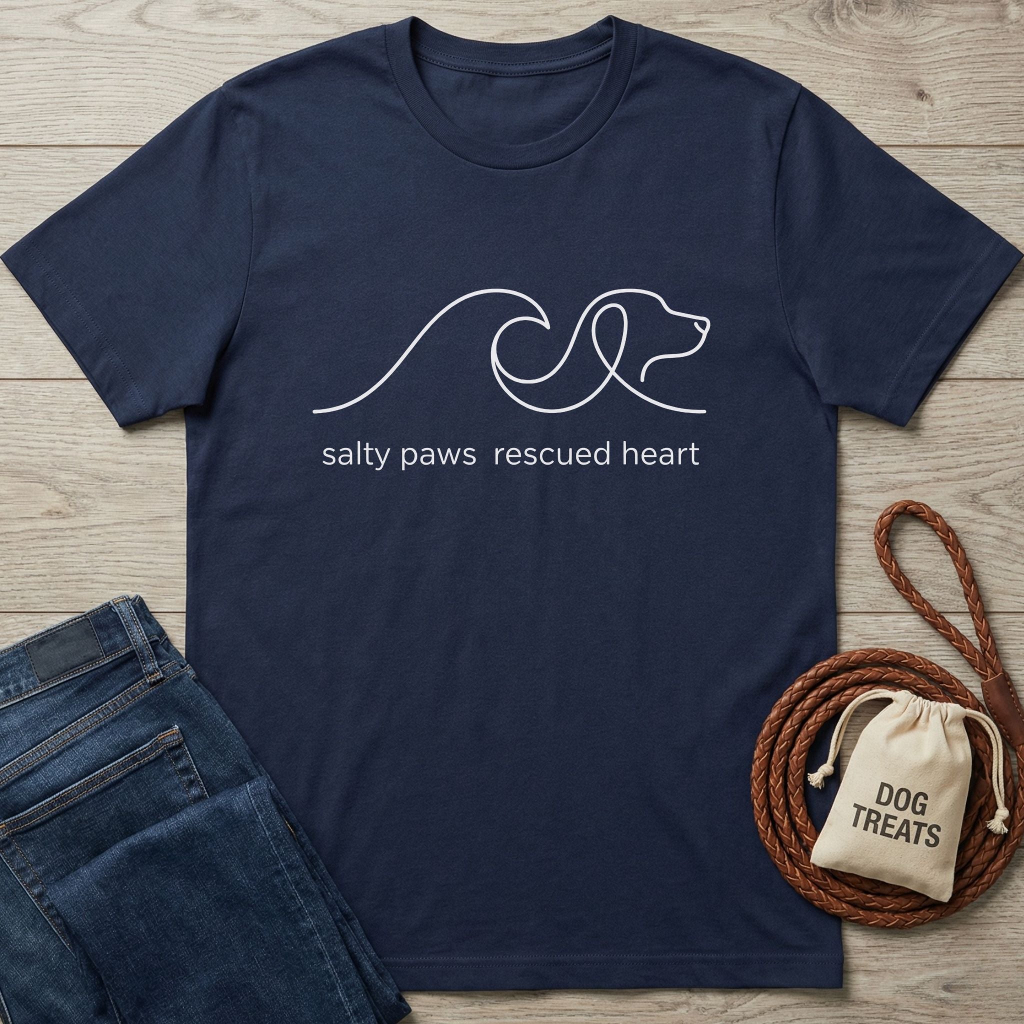 Navy blue Gildan Softstyle® t-shirt with "salty paws rescued heart" dog and wave graphic.