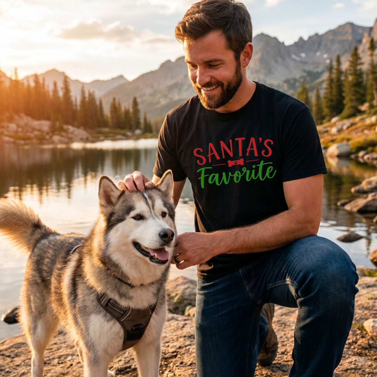 Man wearing a black T-shirt with red and green Santa's Favorite text and a dog bone graphic, petting a husky by a lake.