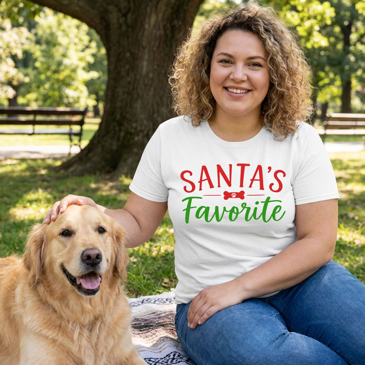 Woman wearing a white crewneck T-shirt with red and green Santa's Favorite text and a dog bone graphic, sitting with a dog.