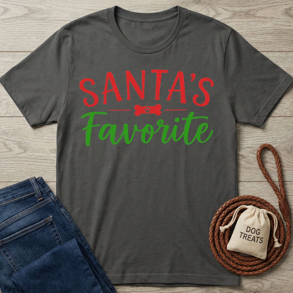 Dark gray crew neck t-shirt with red and green Santa's Favorite text and a dog bone graphic on a wooden background.