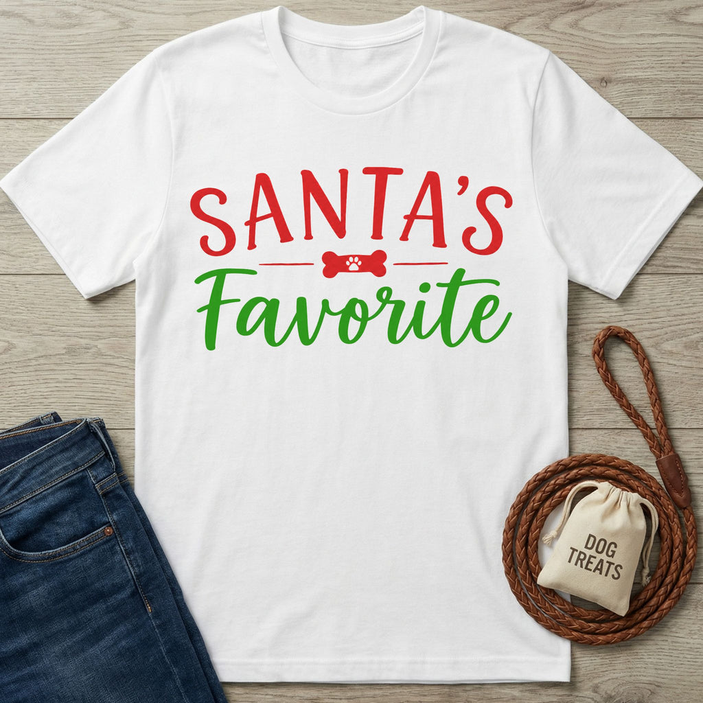 White crewneck T-shirt with red and green Santa's Favorite text and a dog bone graphic on a wooden background.