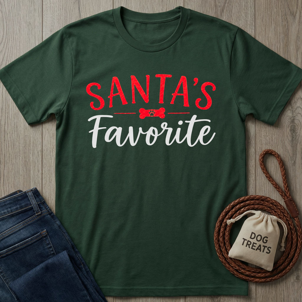 Dark green crewneck T-shirt with Santa's Favorite text in red and white, featuring a dog bone graphic on a wooden background.