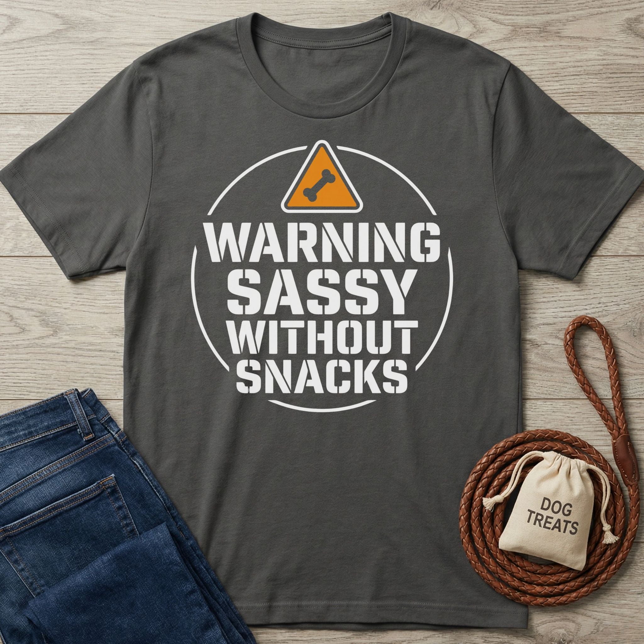Charcoal grey Gildan Softstyle t-shirt with "WARNING SASSY WITHOUT SNACKS" graphic, dog treats, and leash.