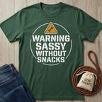 Dark green Gildan Softstyle t-shirt with "WARNING SASSY WITHOUT SNACKS" text and a dog bone icon.