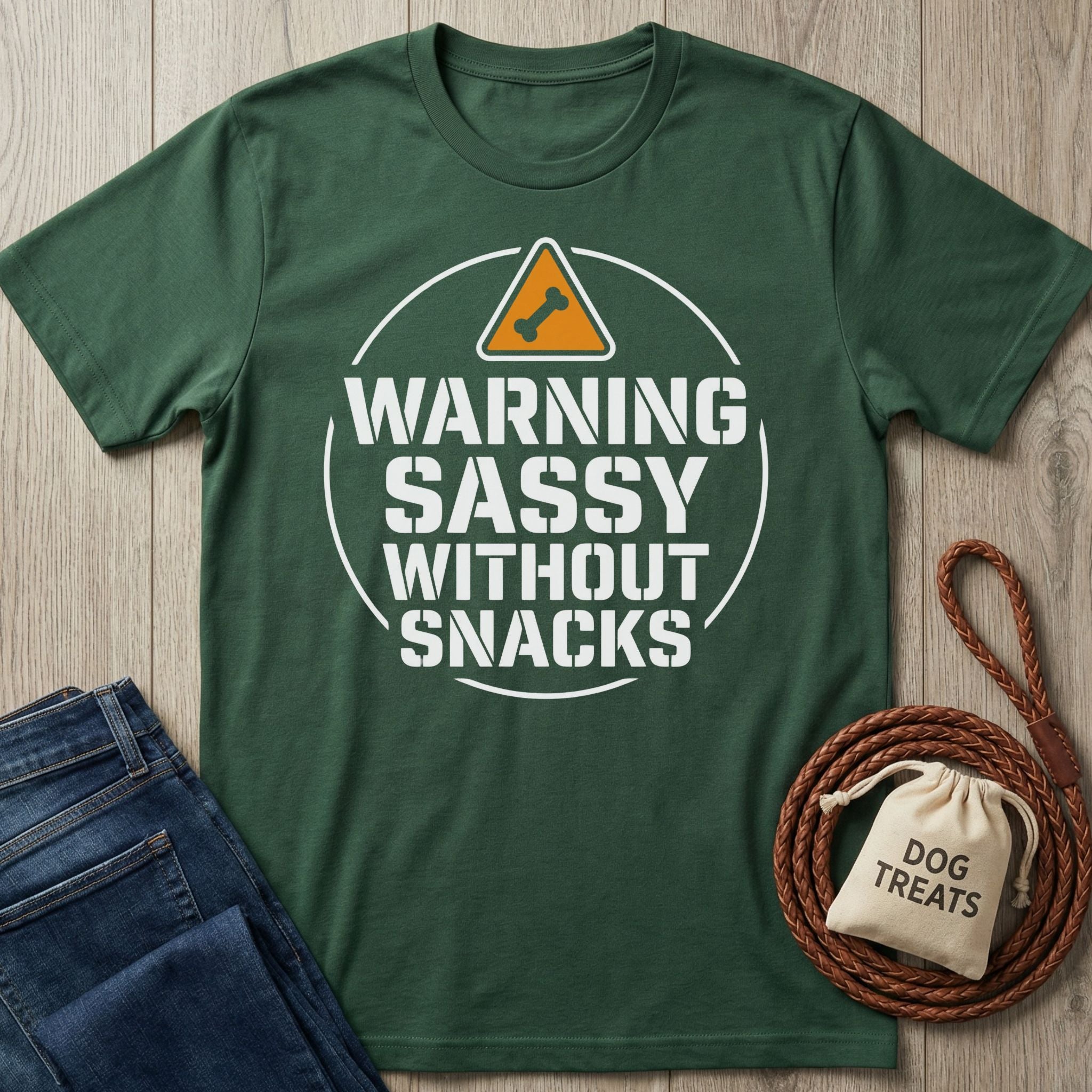 Dark green Gildan Softstyle t-shirt with "WARNING SASSY WITHOUT SNACKS" text and a dog bone icon.