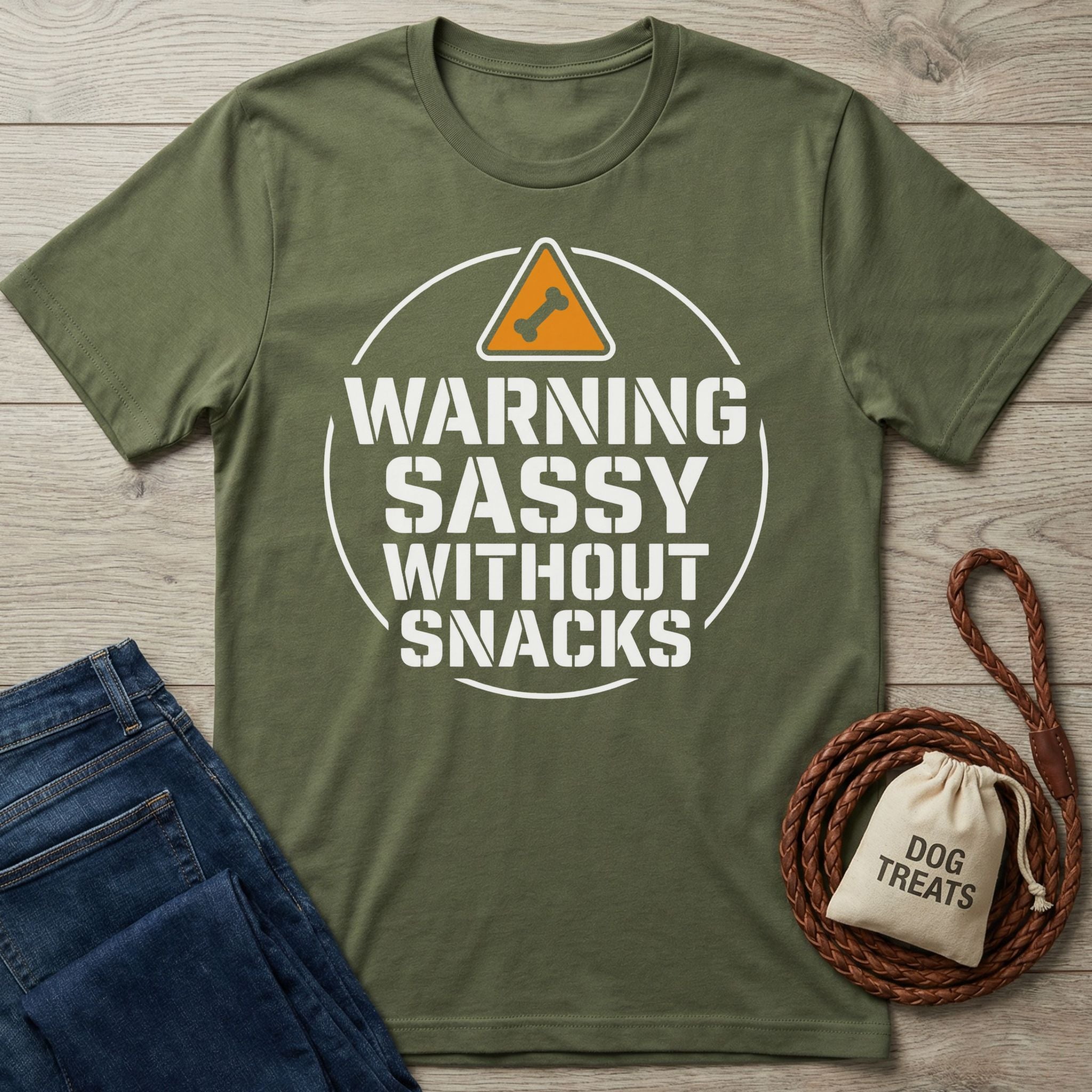 Olive green Gildan Softstyle t-shirt with "Warning Sassy Without Snacks" text, dog bone icon, jeans, and dog treats bag.