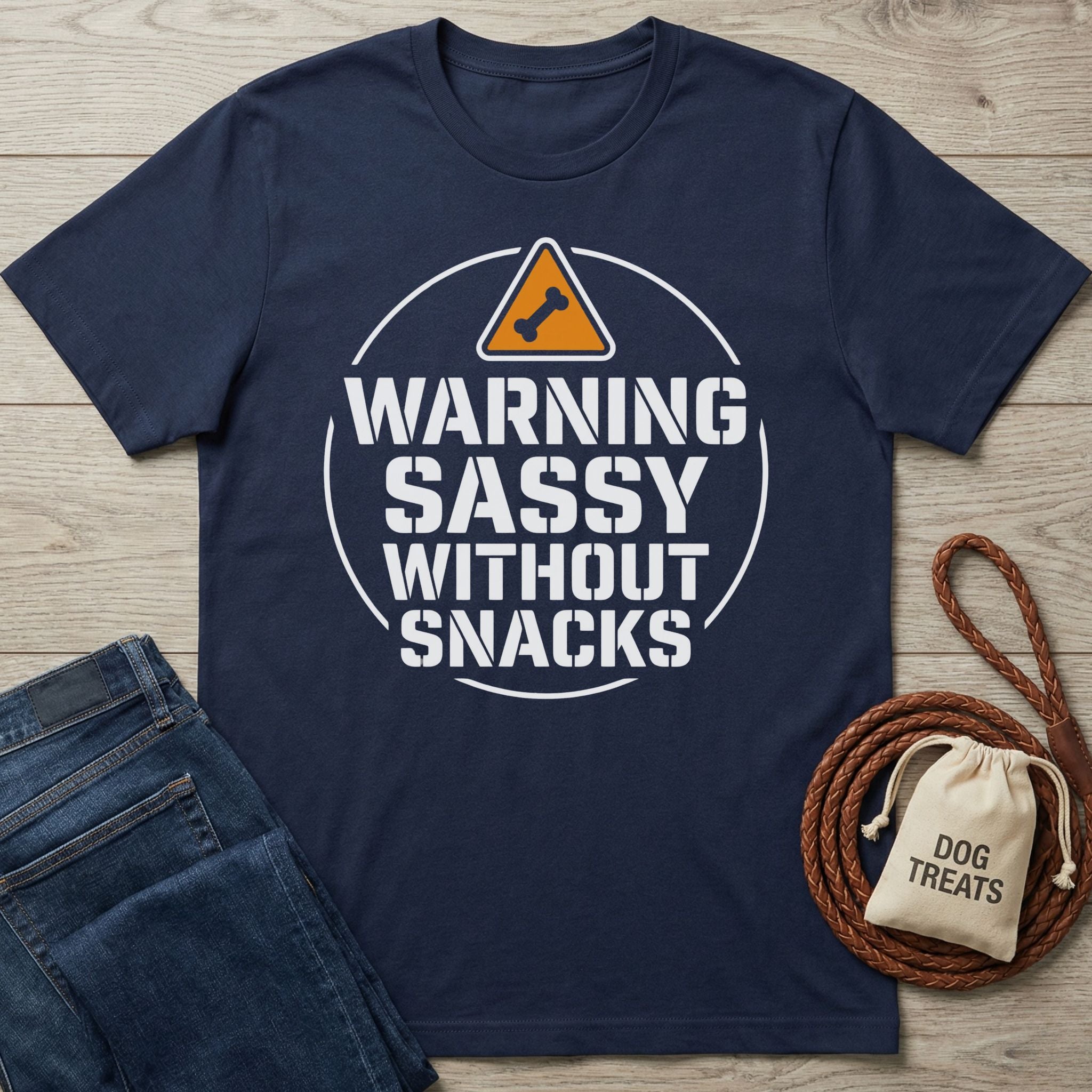 Navy blue Gildan Softstyle t-shirt with "WARNING SASSY WITHOUT SNACKS" graphic, next to jeans and a treat bag.