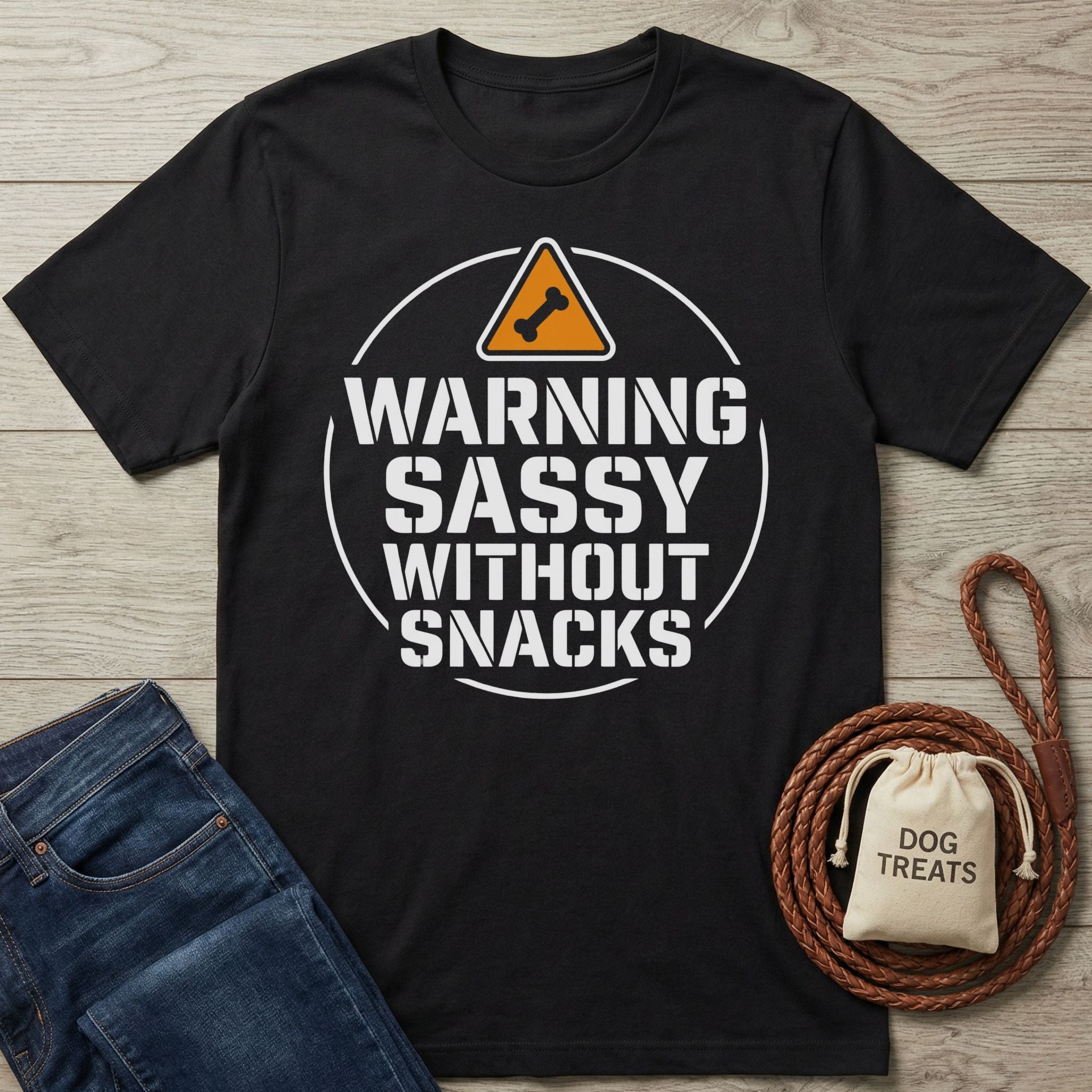 Black Gildan Softstyle t-shirt with "WARNING SASSY WITHOUT SNACKS" text, next to jeans and dog treats.