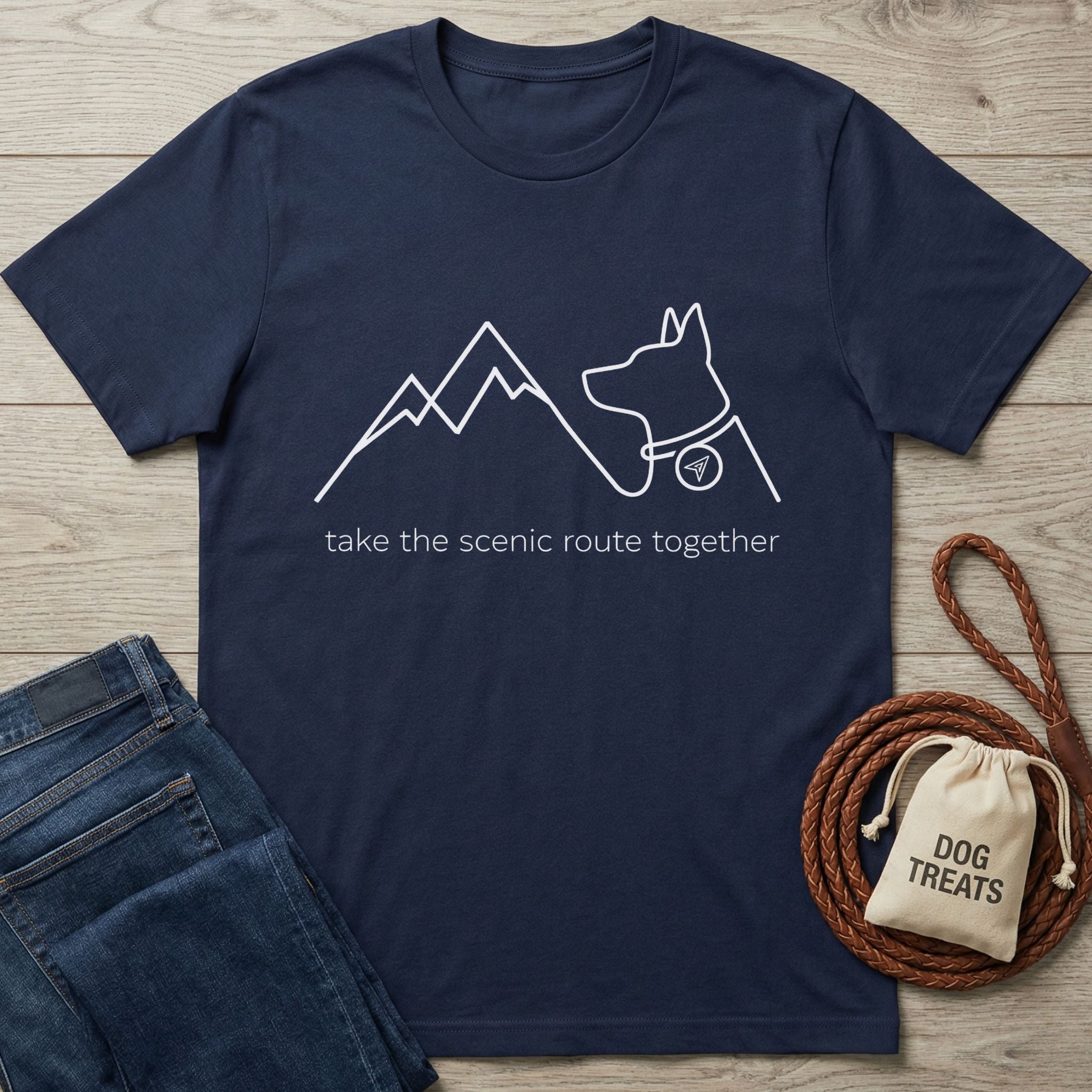 Navy blue Gildan Softstyle t-shirt with white outline of mountains, a dog, and "take the scenic route together" text.