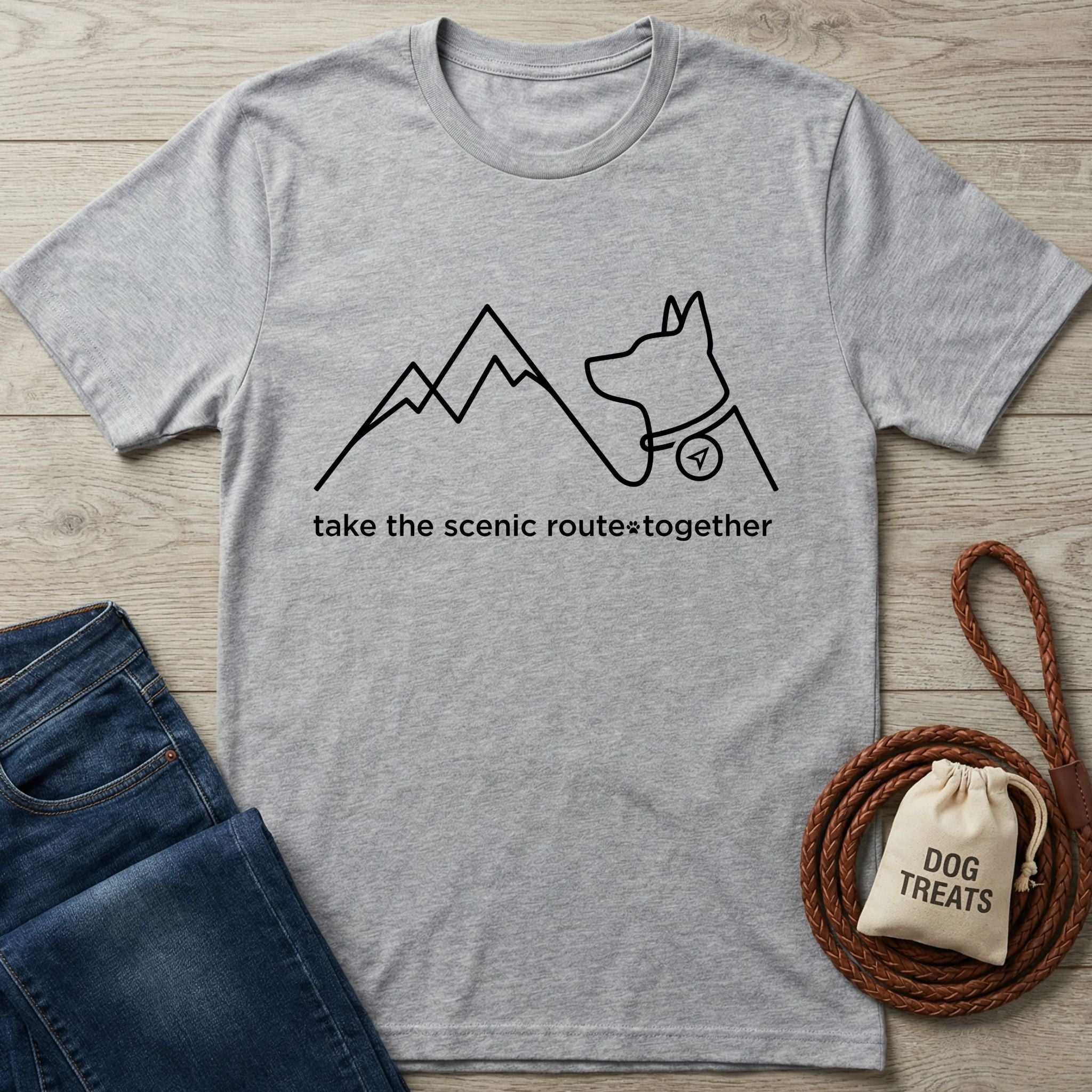 Light gray Gildan Softstyle t-shirt with a black mountain and dog outline, "take the scenic route together" text.