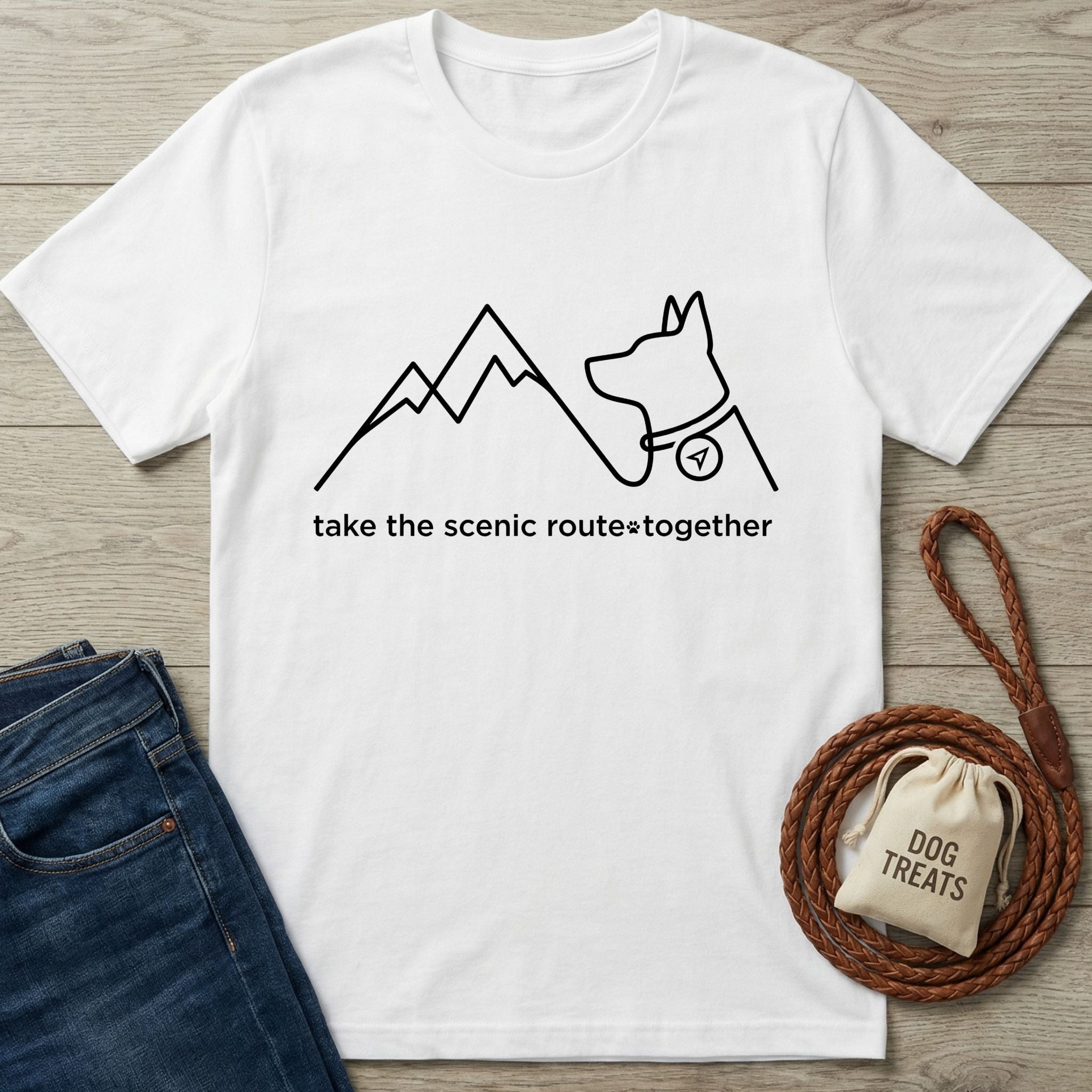 White Gildan Softstyle® 64000 tee with black "take the scenic route together" graphic featuring mountains and a dog.