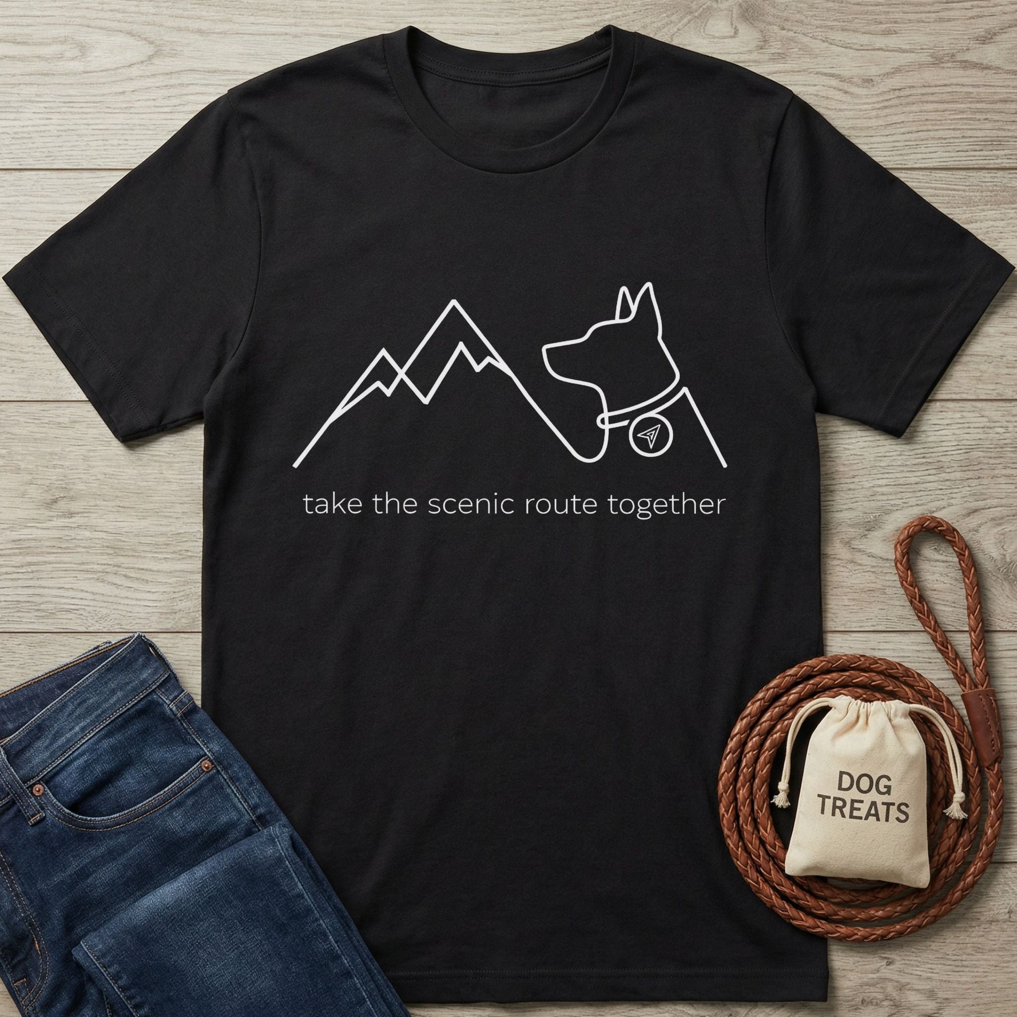 Black Gildan Softstyle t-shirt with white "take the scenic route together" text, mountain, and dog outline design.