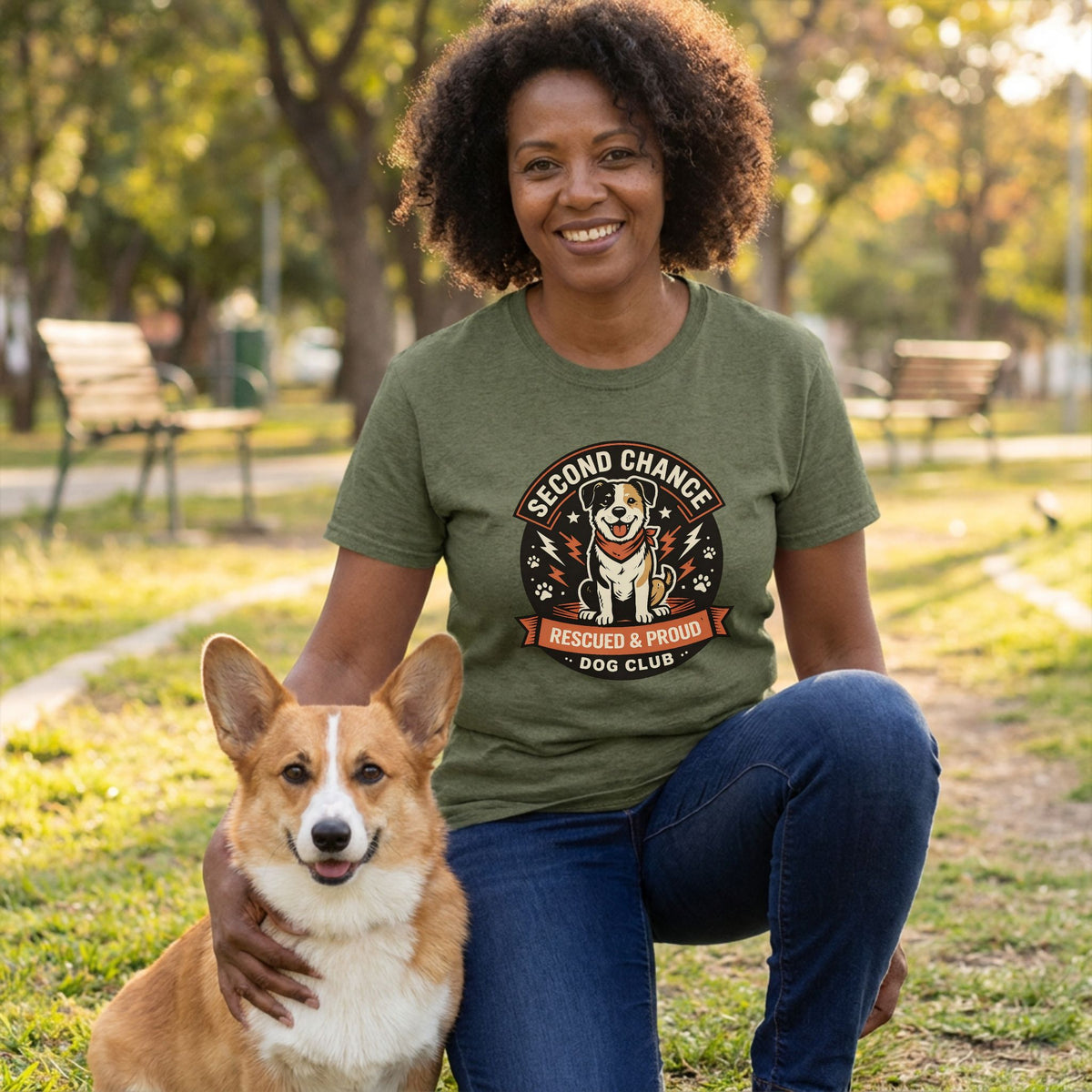 Woman in an olive green "Second Chance Dog Club" tee with a corgi in a park.