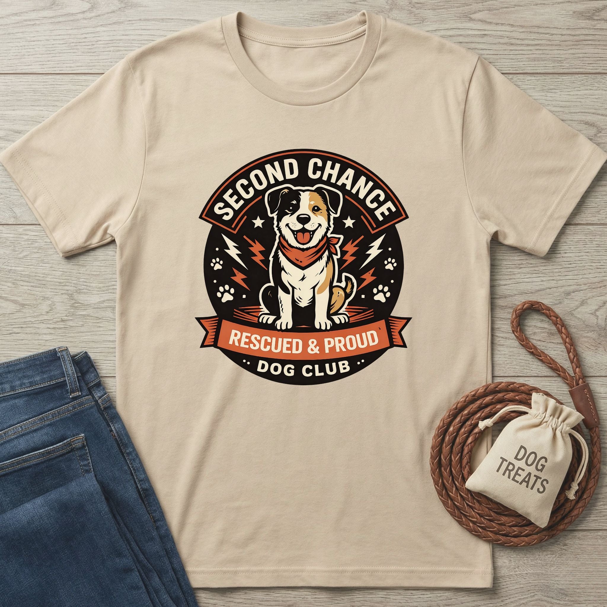 Beige Gildan Softstyle t-shirt with "Second Chance Dog Club" graphic featuring a rescue dog.