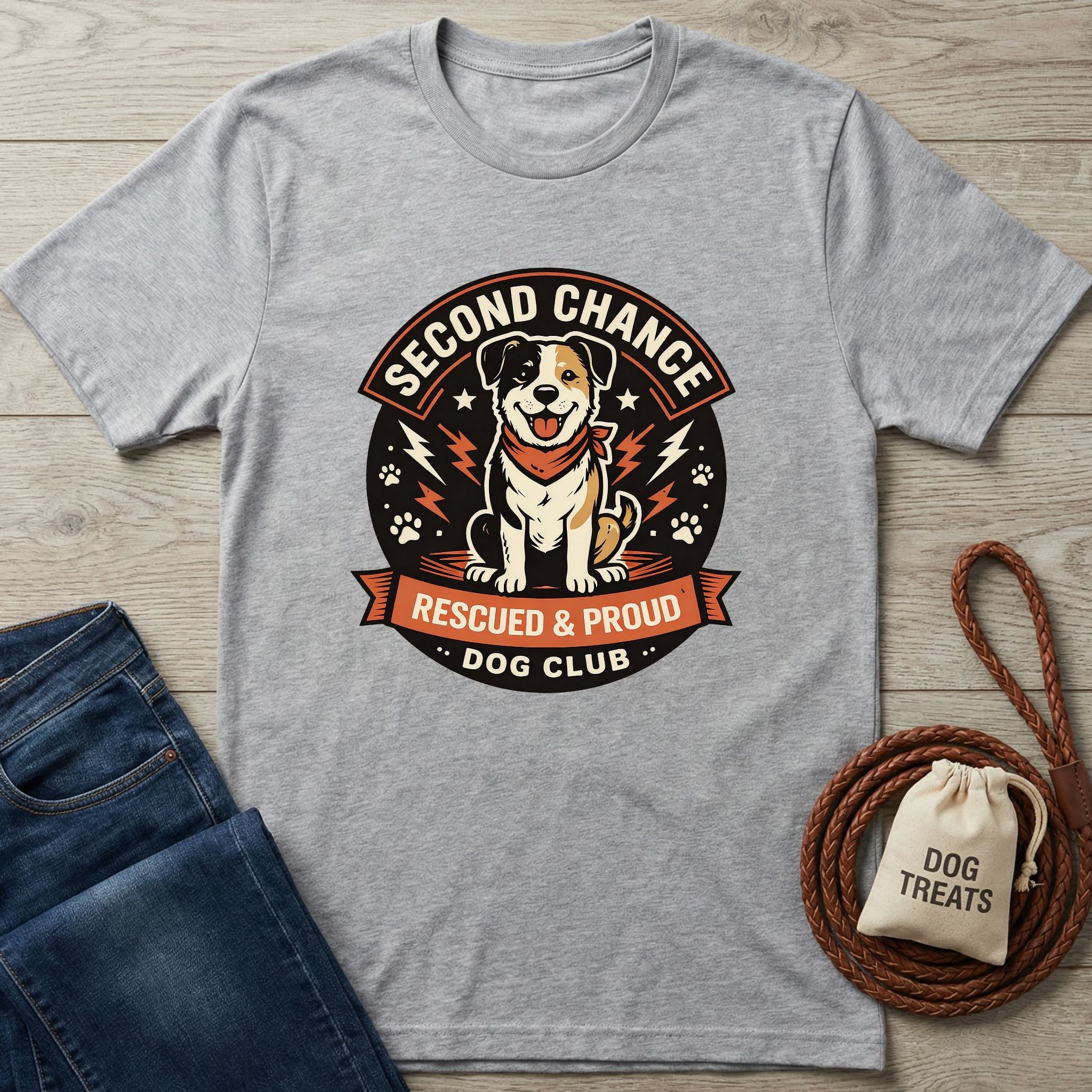 Light grey Gildan Softstyle t-shirt with "Second Chance Dog Club" graphic featuring a rescue dog.