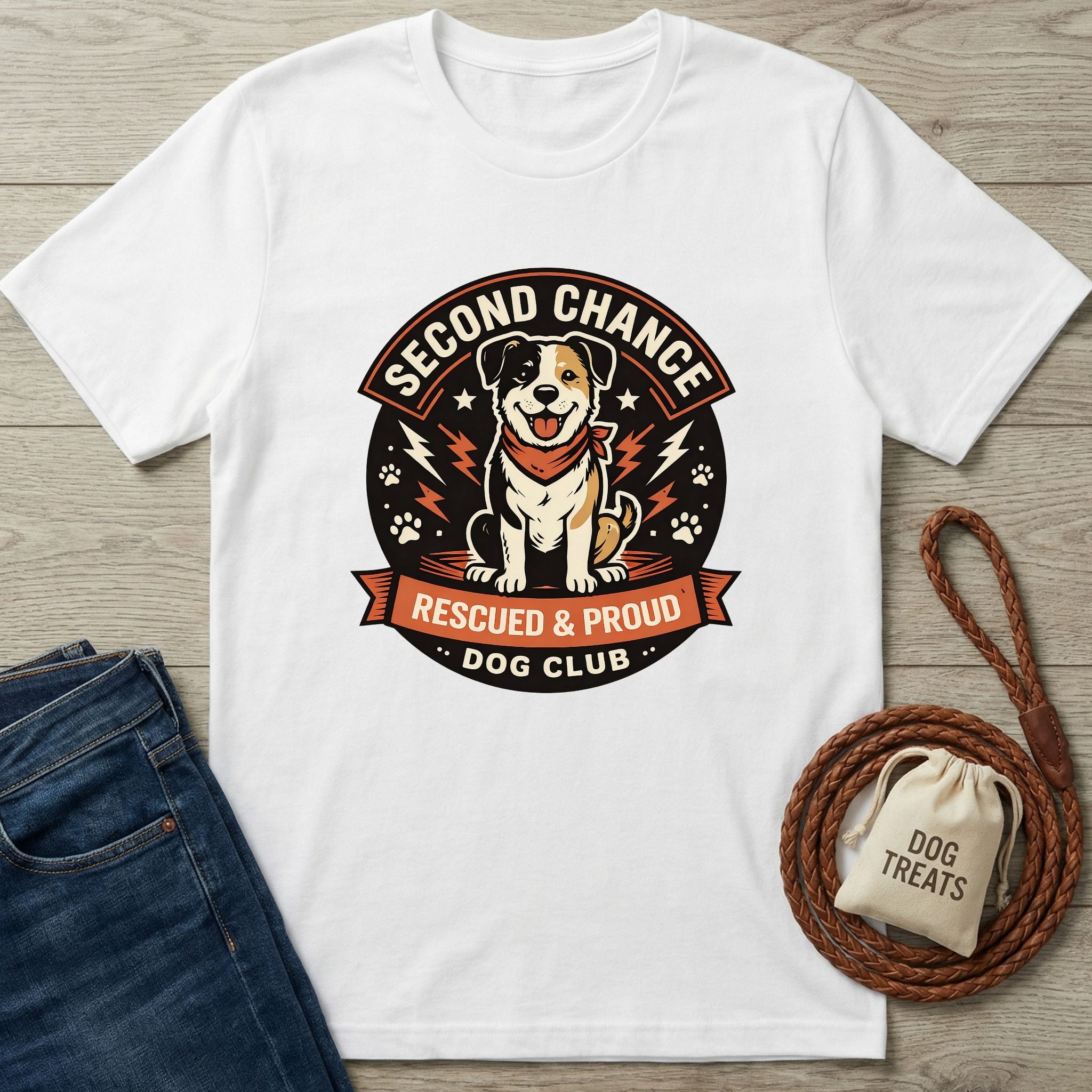 White Gildan Softstyle t-shirt with "Second Chance Rescued & Proud Dog Club" logo featuring a happy dog.