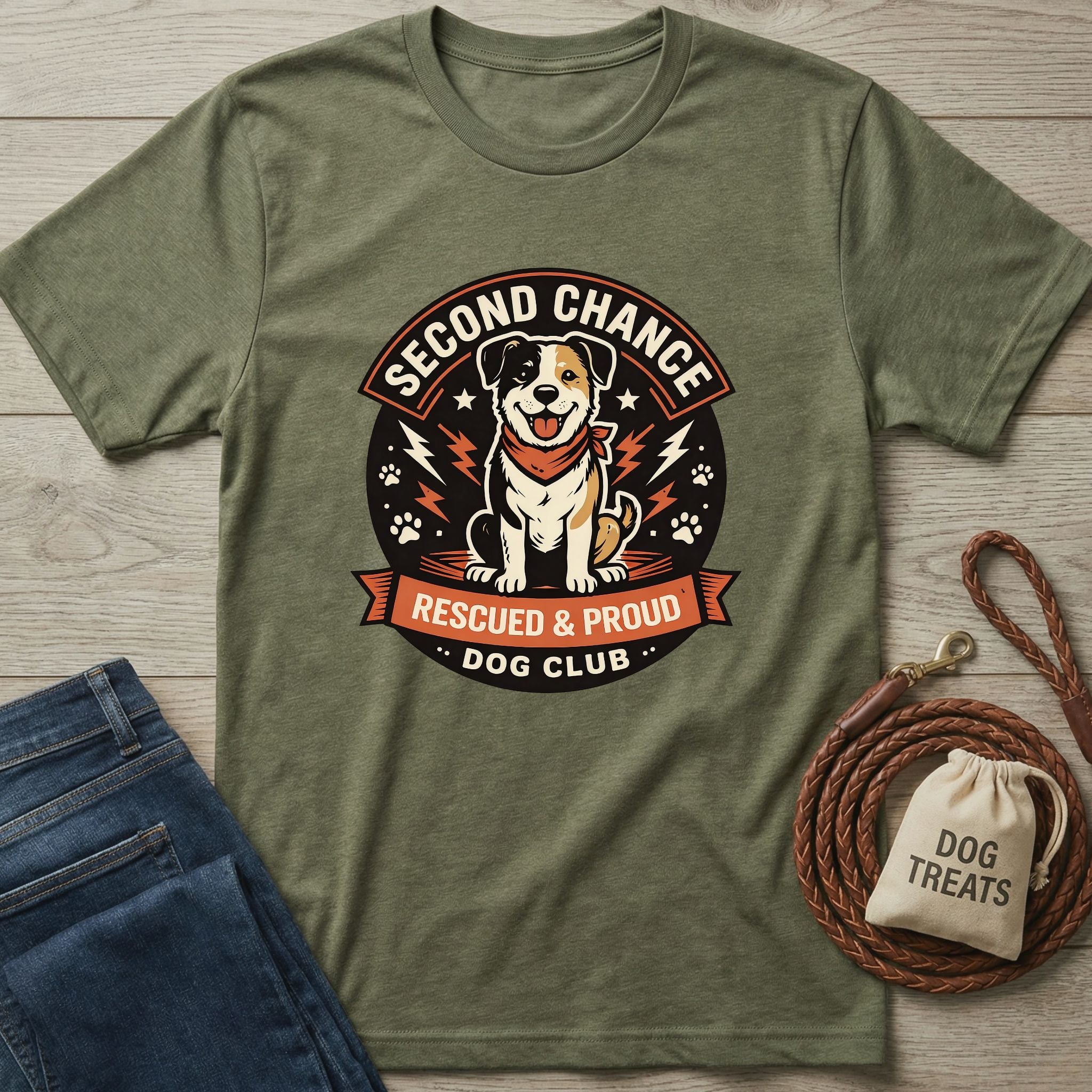 Olive green Gildan Softstyle® t-shirt with "Second Chance Dog Club" graphic featuring a rescue dog.