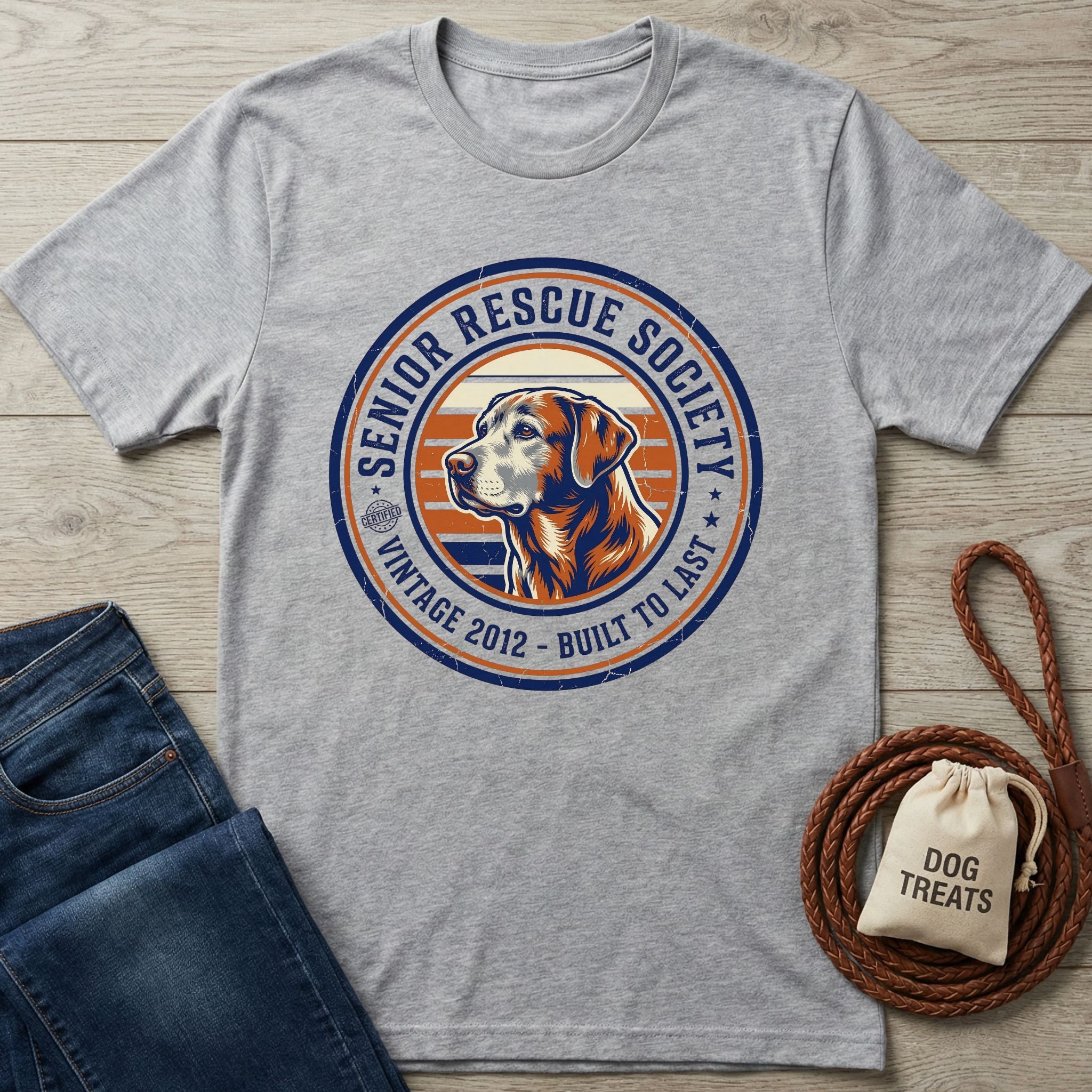 Light grey Gildan Softstyle t-shirt with a "Senior Rescue Society" dog graphic.
