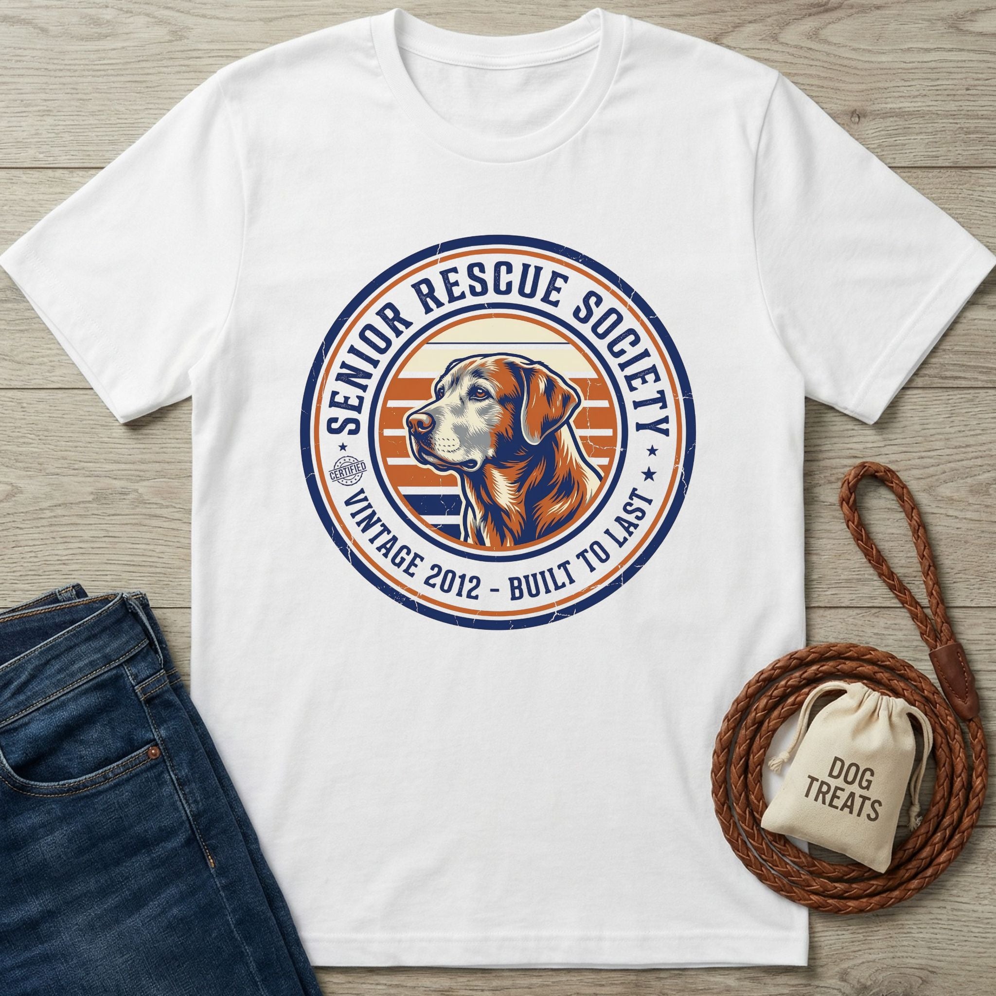 White Gildan Softstyle® t-shirt with a vintage "Senior Rescue Society" logo featuring a dog.