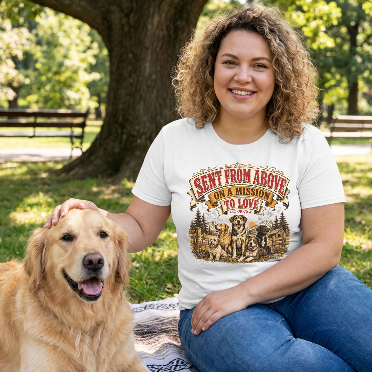 Woman wearing a white t-shirt with a Sent From Above dog graphic, sitting in a park with a golden retriever.