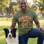 Olive green crewneck t-shirt featuring a vintage-style graphic of five dogs and the text Sent From Above On A Mission To Love.